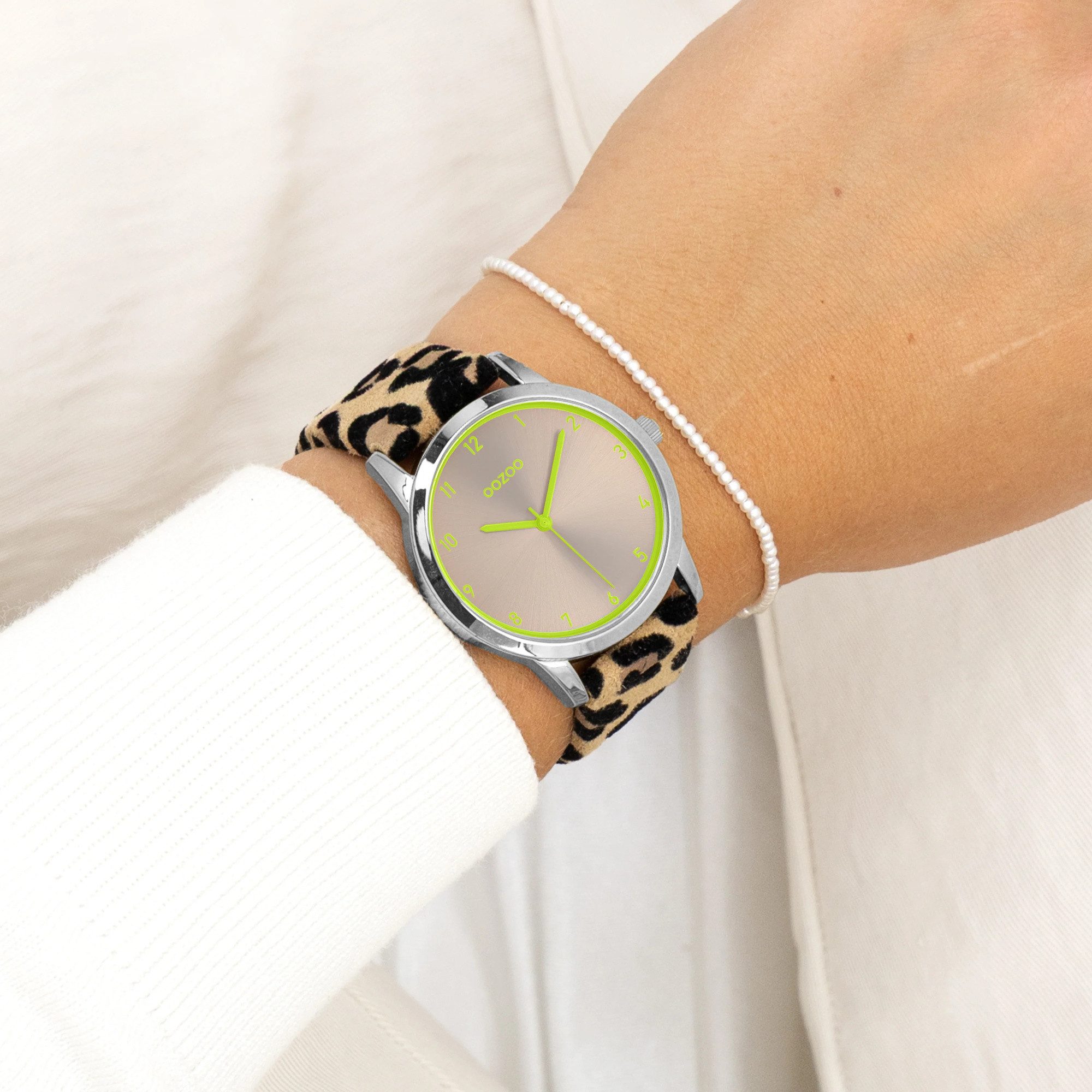 OOZOO Quarzuhr Damenuhr C11645 – Lemon & Taupe – Leoprint-Lederband – 38 mm