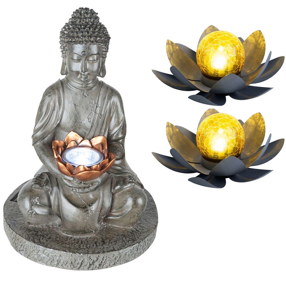 GLOBO LIGHTING Gartenleuchte, LED-Leuchtmittel fest verbaut, Warmweiß, 3er Set LED Solar Lotusblüten Feng Shui Buddha Garten Deko Lampen