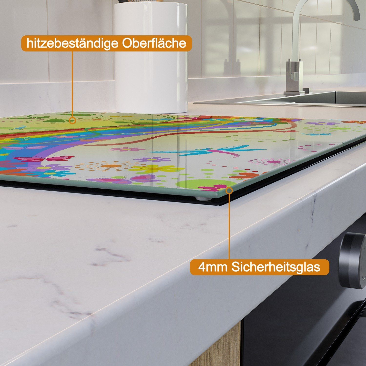 2 Wallario verschiedene Größen Herd-Abdeckplatte Noppen), Sommer Blümchen, inkl. ESG-Sicherheitsglas, - Regenbogen und tlg., Bienchen im 5mm (Glasplatte,