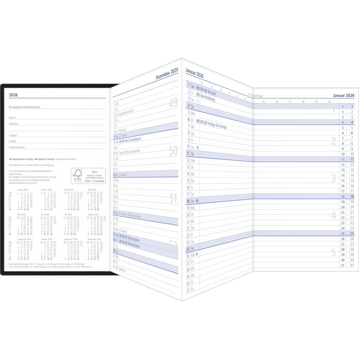 ZETTLER Taschenkalender Taschenplaner 510 9,5x16cm 1 Monat/2 Seiten Leporello schwarz 2026