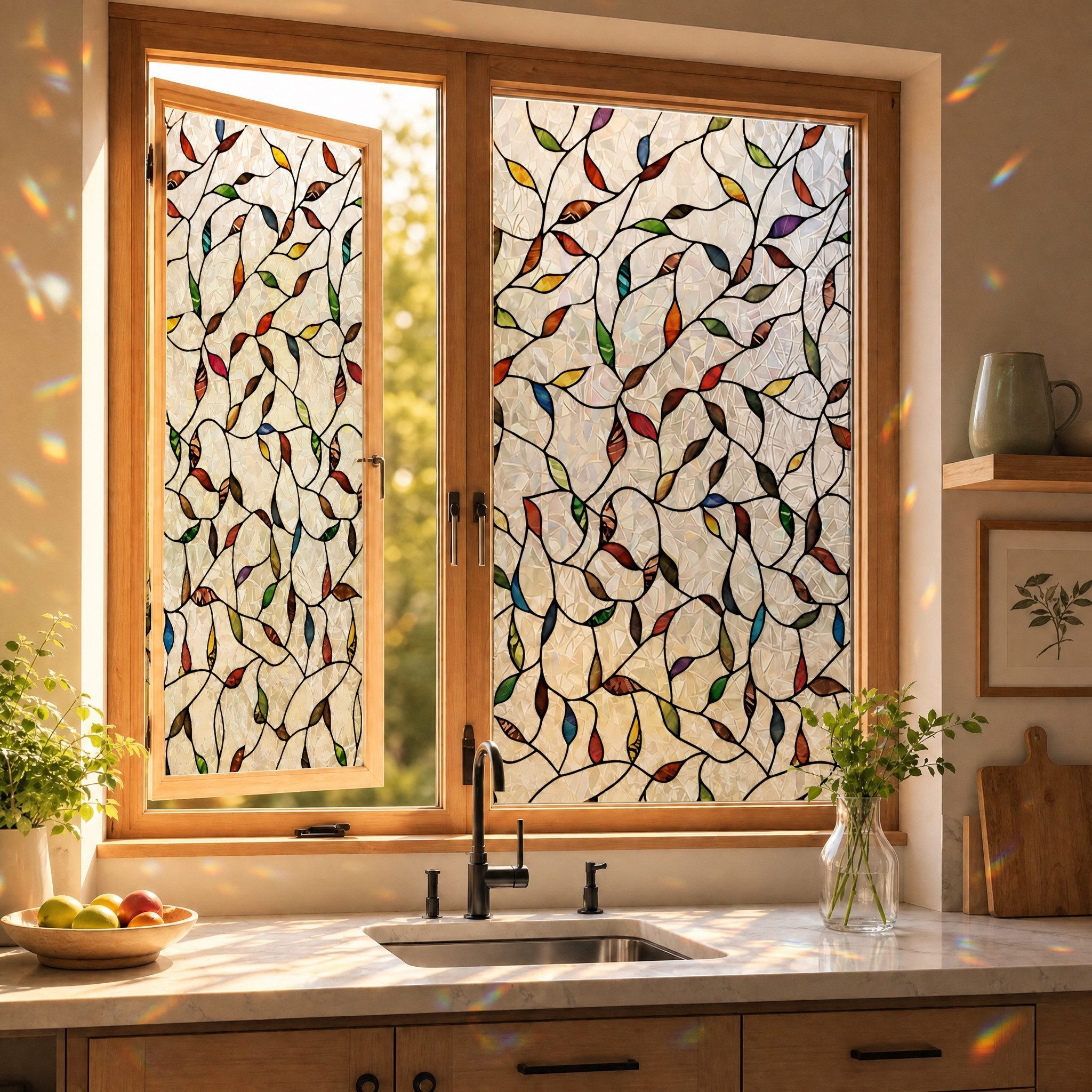 HomeBella Fensterfolie Sichtschutzfolie Dekorative Glasfolie Buntglasoptik, mit buntem Blättermuster für Fenster & Türen