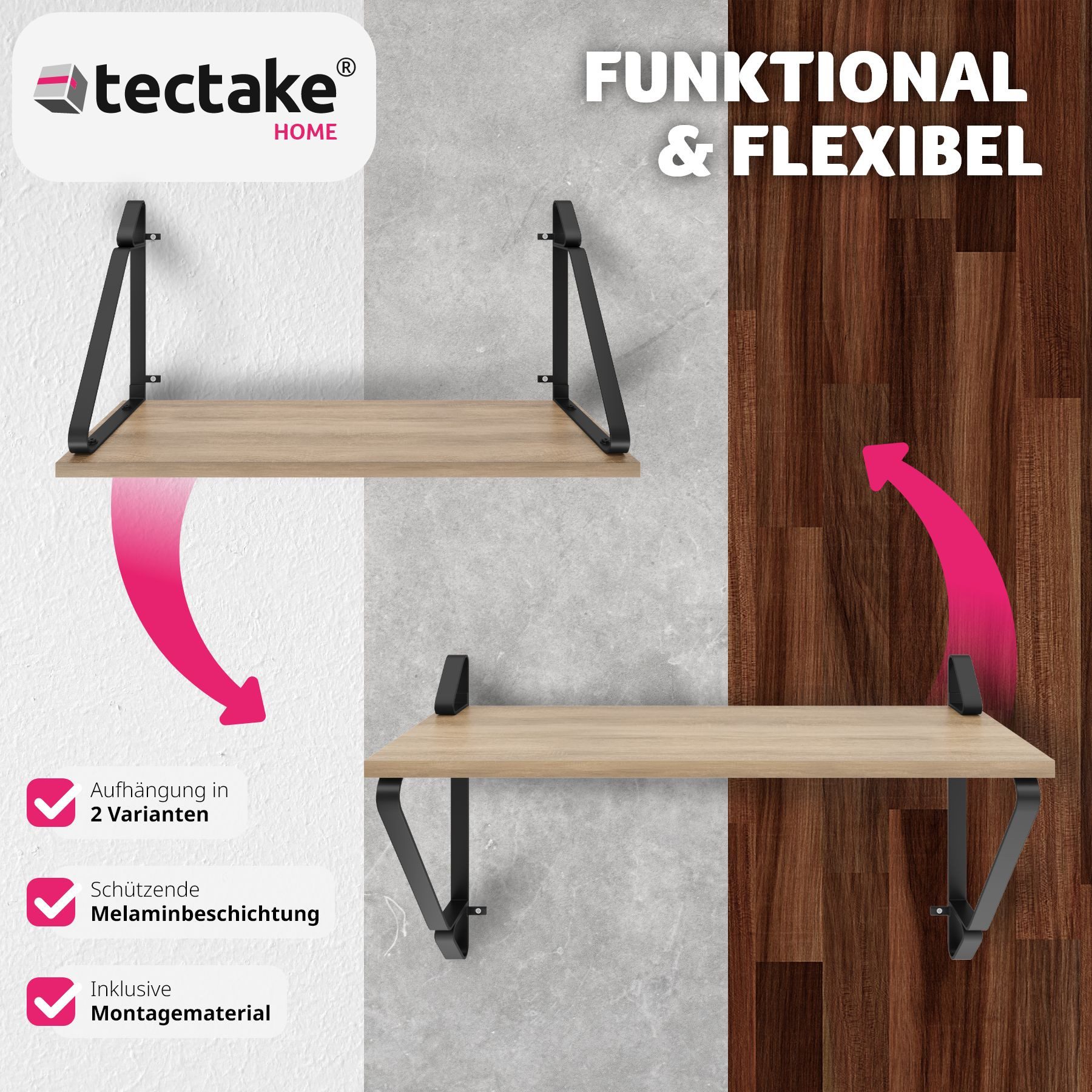 tectake Wandregal Ablageregal aus Holz und Stahl, 60 x 20 x 33,5 cm, Hängeregal Irvine 2-tlg., Industrial Style, Belastbarkeit je Regal 15 kg, einfache Montage – Bild 3 von 5