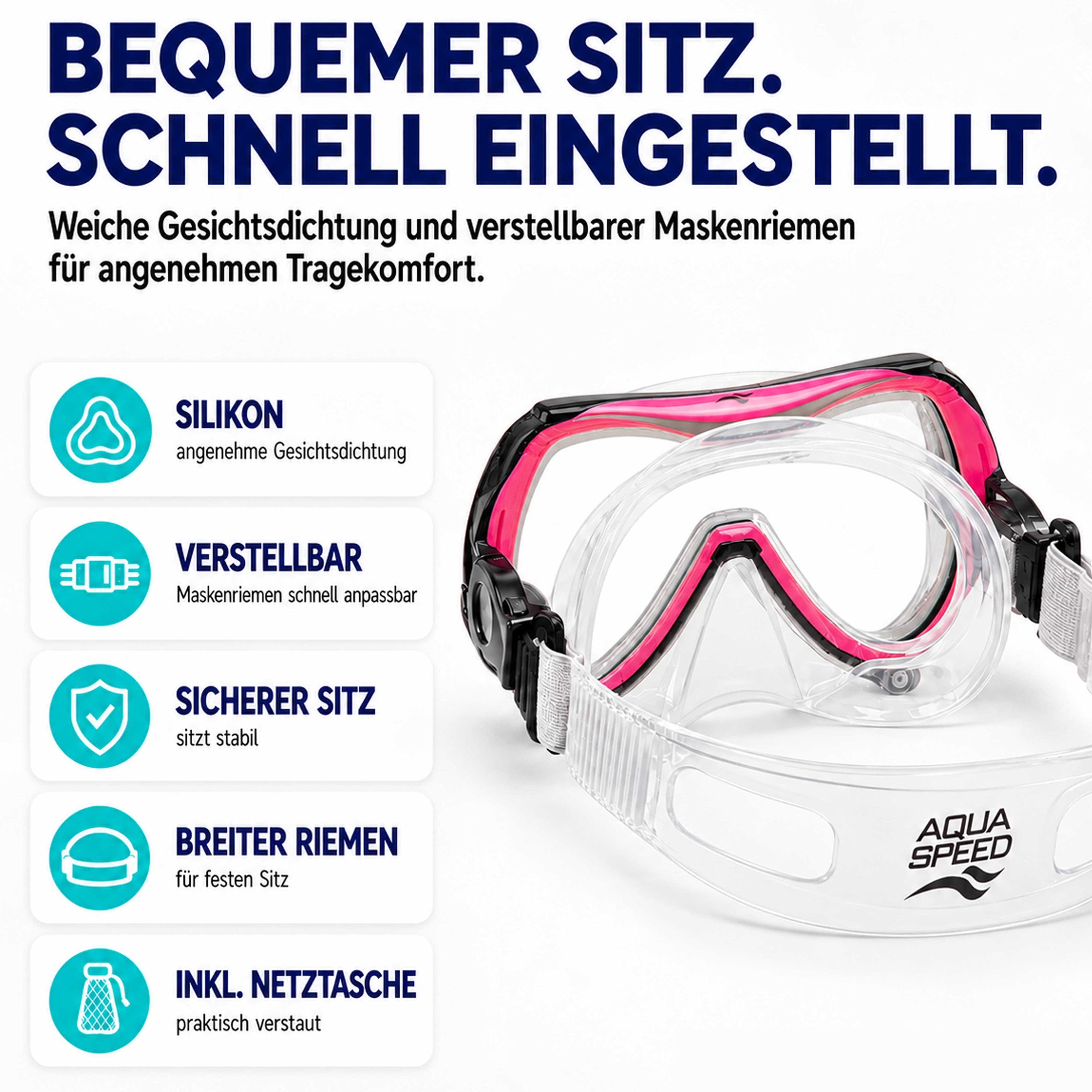 Aqua Speed Schnorchel Schnorchelset ALIZE + SAMOS Tauchmaske für Kinder, mit Netzbeutel (Kinderschnorchelset mit Maske und Schnorchel im Netzbeutel), EASY-ADJUS – Bild 4 von 5
