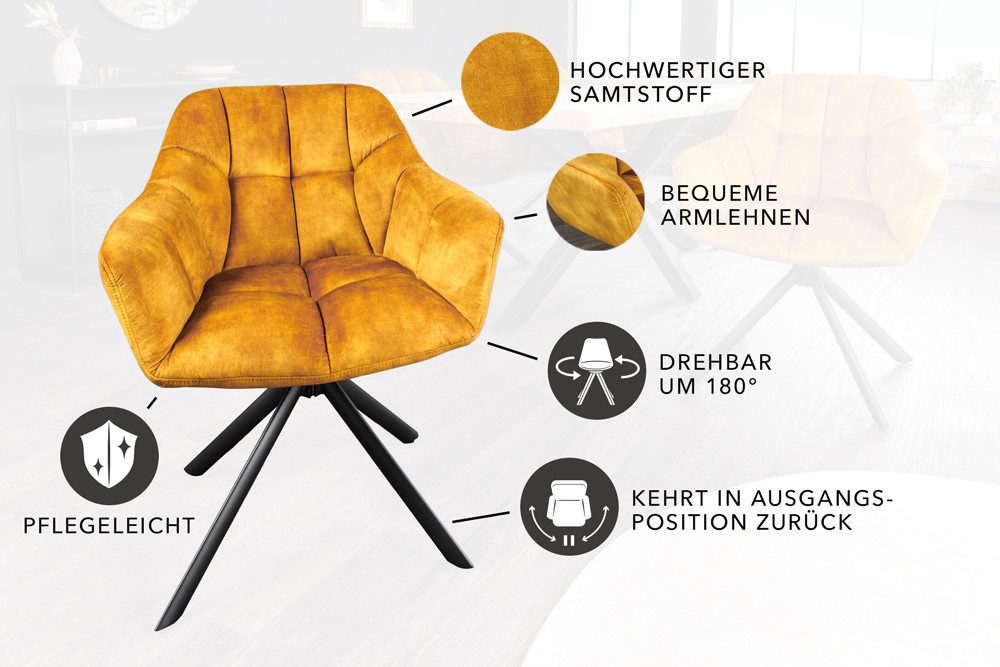 riess-ambiente Polsterstuhl PAPILLON senfgelb/schwarz – Samt-Bezug, mit Armlehne, Metall (Einzelartikel, 1 St), 180° drehbar & automatischer Rückführung – ideal – Bild 4 von 5