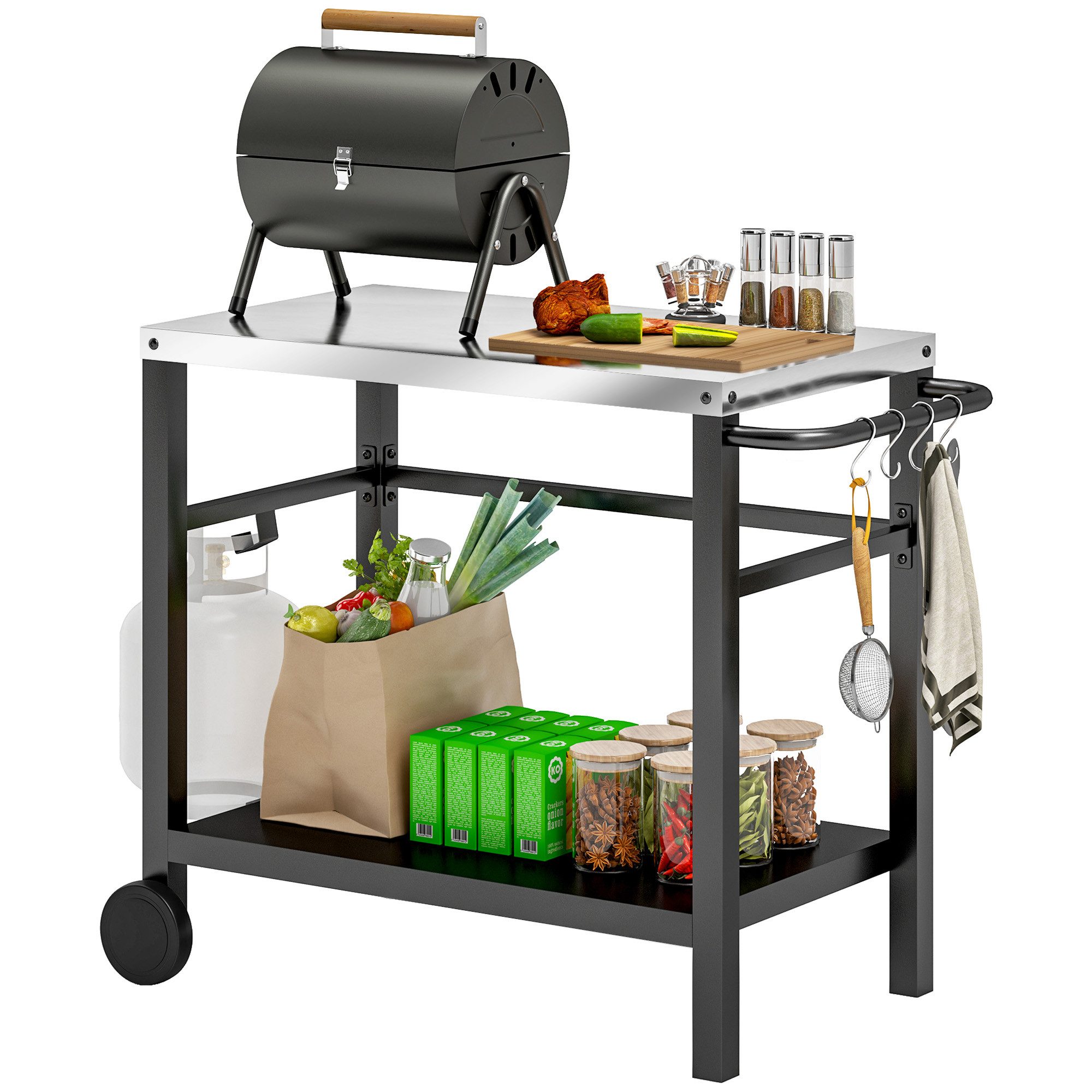Outsunny Servierwagen Grillwagen 2-Etagen, BBQ Grilltisch aus Edelstahl, (BBQ Grilltisch, 1 St., Grillwagen), für Garten, Terrasse, Grill, 102 x 56 x 81cm