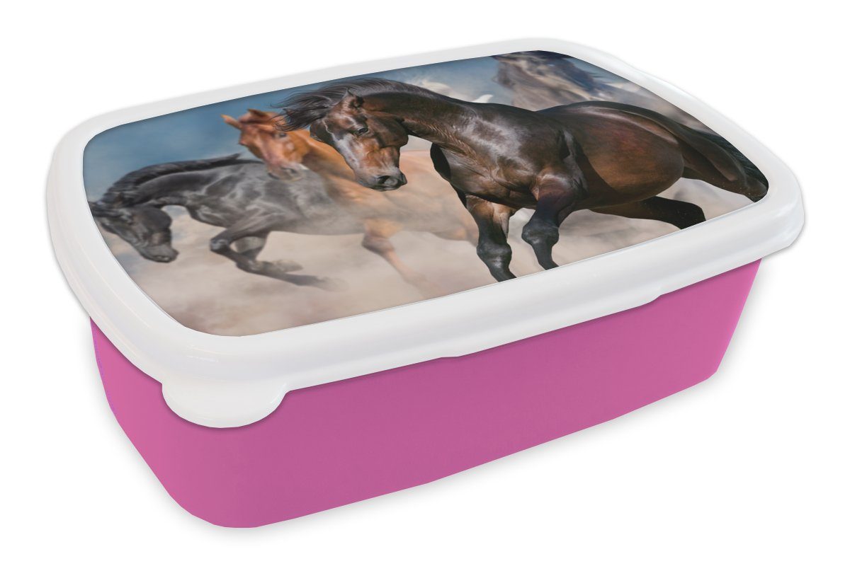 MuchoWow Lunchbox Pferde - Stoff - Wüste, Kunststoff, (2-tlg), Brotbox für Erwachsene, Brotdose Kinder, Snackbox, Mädchen, Kunststoff rosa