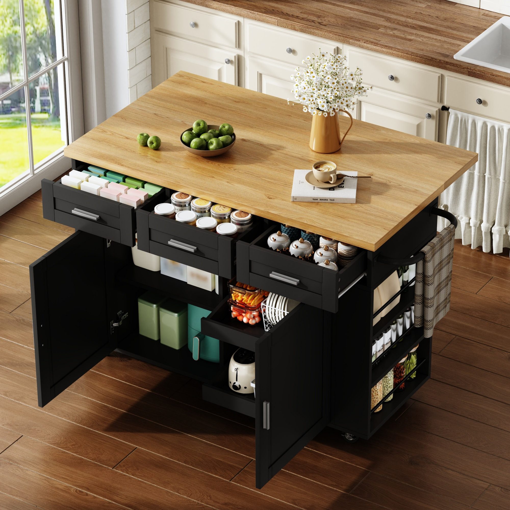 Odikalo Küchenwagen Kücheninsel Buffetschrank mit klappbarer Arbeitsplatte Schublade, (Küchenwagen Stauraumschrank Müllschrank mit Ausziehbarer Schrank-Organizer Steckdosen und Rollen 120 × 45 (70) × 84 cm)