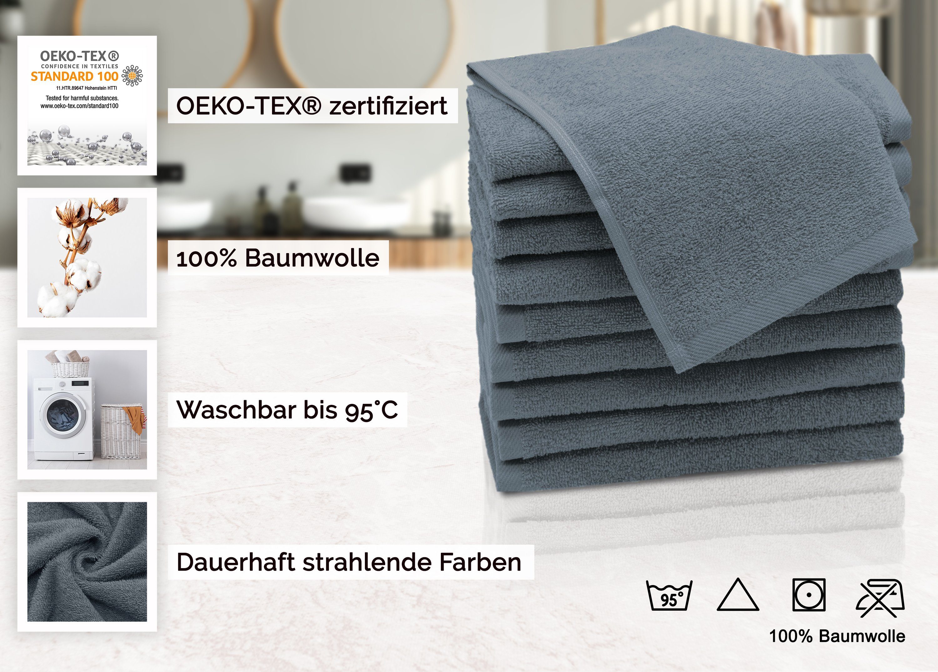100% Farben ZOLLNER Baumwolle, (10-St), Gästehandtücher, Walkfrottier waschbar 50 bis grau 95°C x alle cm, 30