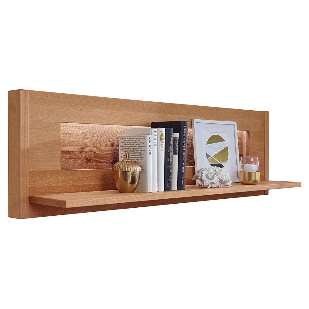 Lomadox Wandregal WELLAND-69, 123 cm breit, Kernbuche massiv geölt mit LED-Beleuchtung