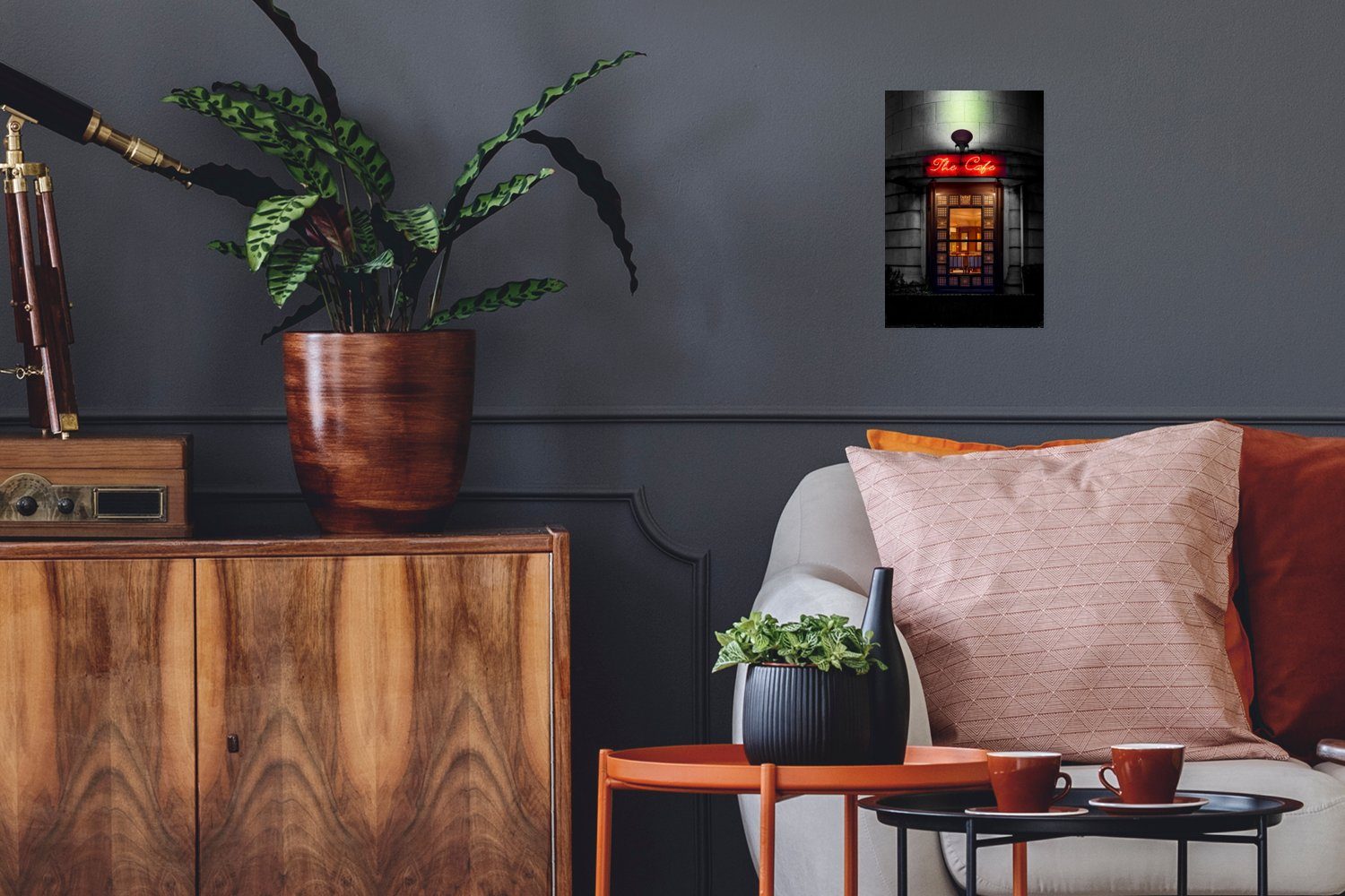 MuchoWow Poster Tür - Cafe - Rot - Architektur - Neonlicht, (1 St), Poster, Wandbild, Wandposter für Wohnzimmer, Ohne Rahmen