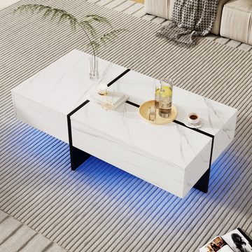 PFCTART Couchtisch Struktur aus weißem Marmorimitat, Wohnzimmermöbel, 100*50*34,5cm (Drei geräumige Schubladen), mit App-gesteuertem LED-Beleuchtungssystem