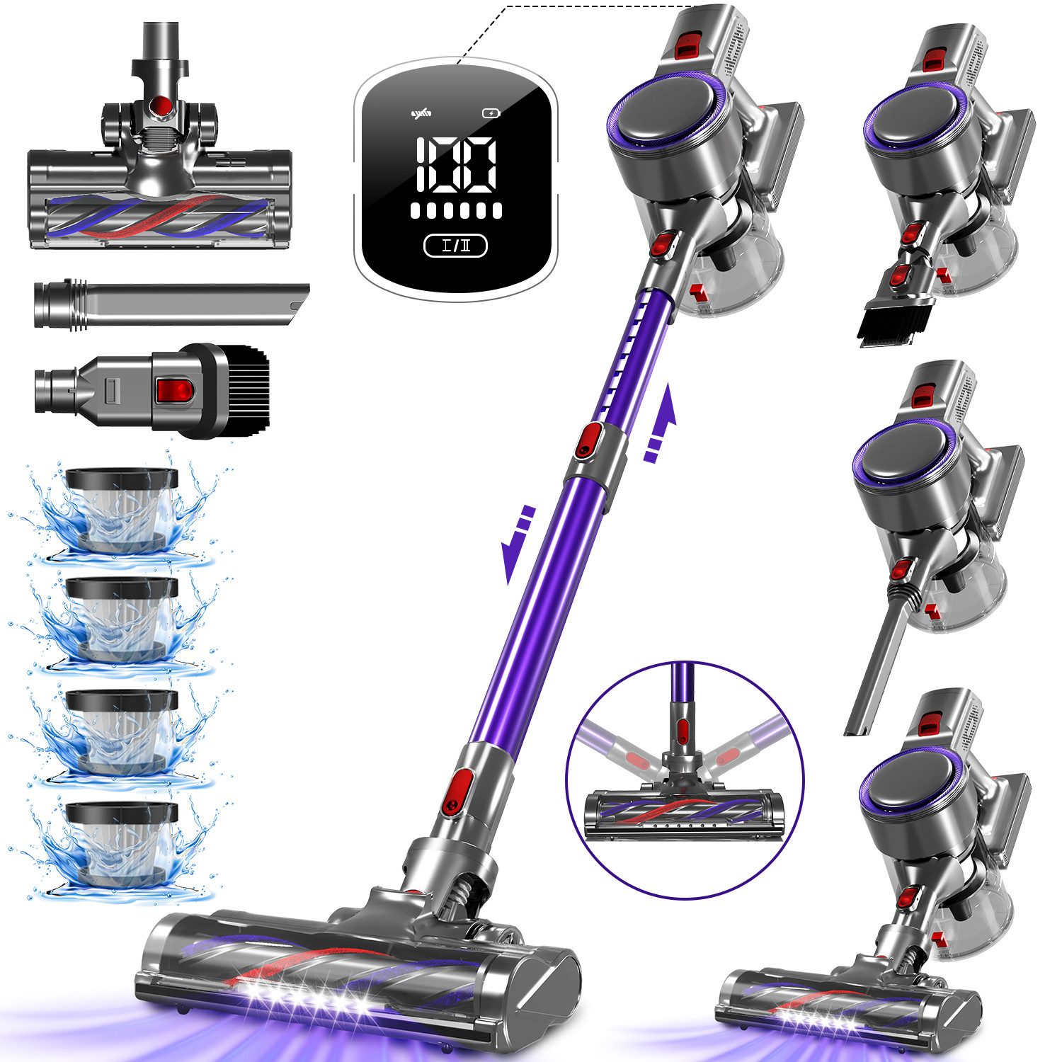 Hiazurm Akku-Hand-und Stielstaubsauger Akku Staubsauger,55000Pa/1.8L/55min 8 in 1 Kabelloser Staubsauger, Mit Touchscreen, Für Böden,Teppich, Tierhaare, Mit LED Display,HEPA*4 Akkusauger