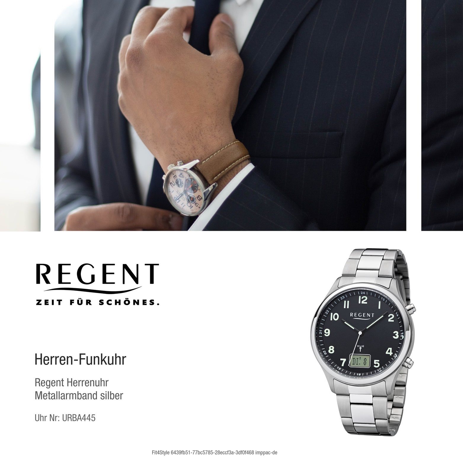 Regent Funkuhr Regent Metall Herren groß rundes BA-445, 40mm) Gehäuse, (ca. Metallarmband Uhr silber, Herrenuhr