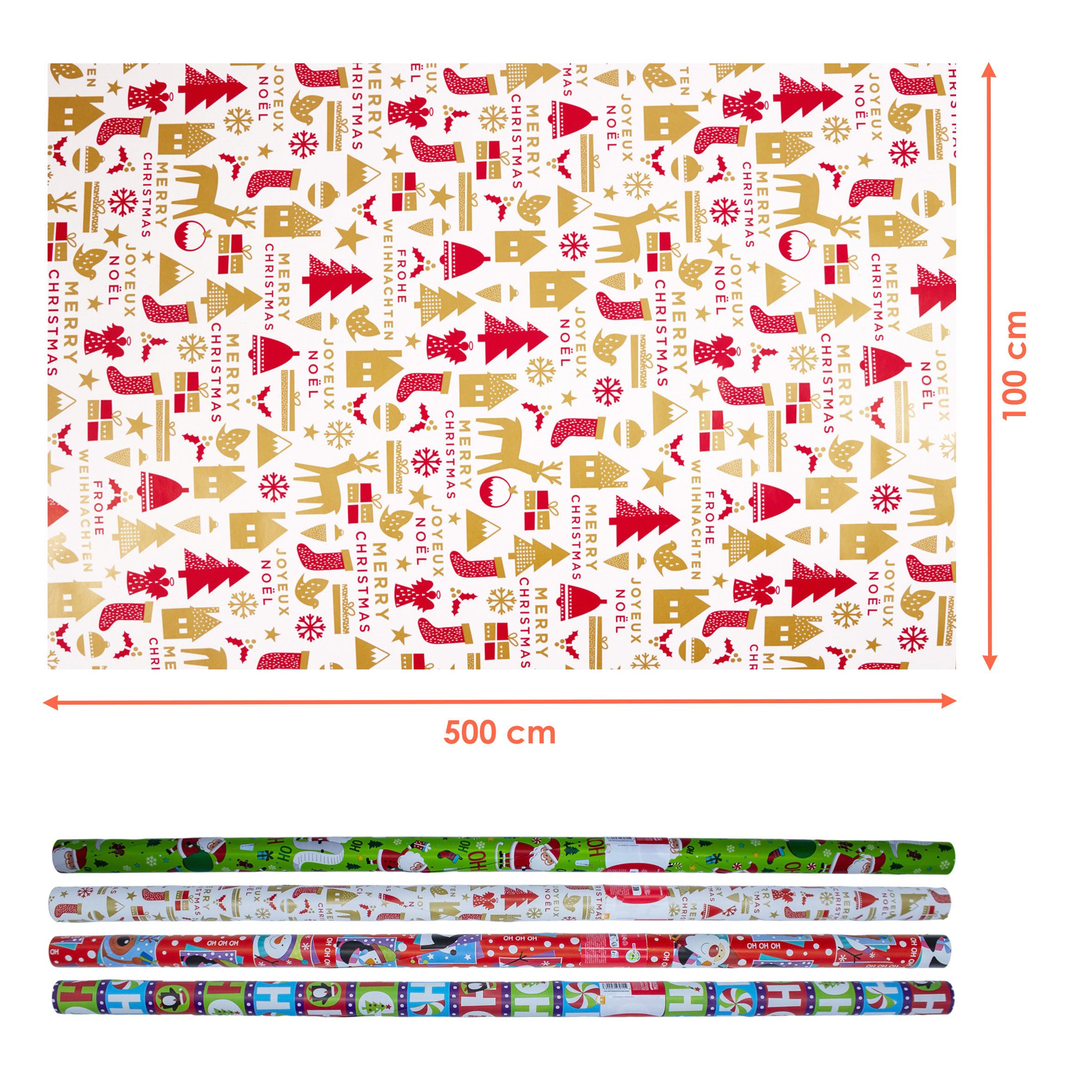 Spetebo Geschenkpapier Weihnachts Geschenkrollen 500 x 100 cm- 4er Set, Weihnachts-Motive (1St), 4 x 5Meter Rollen