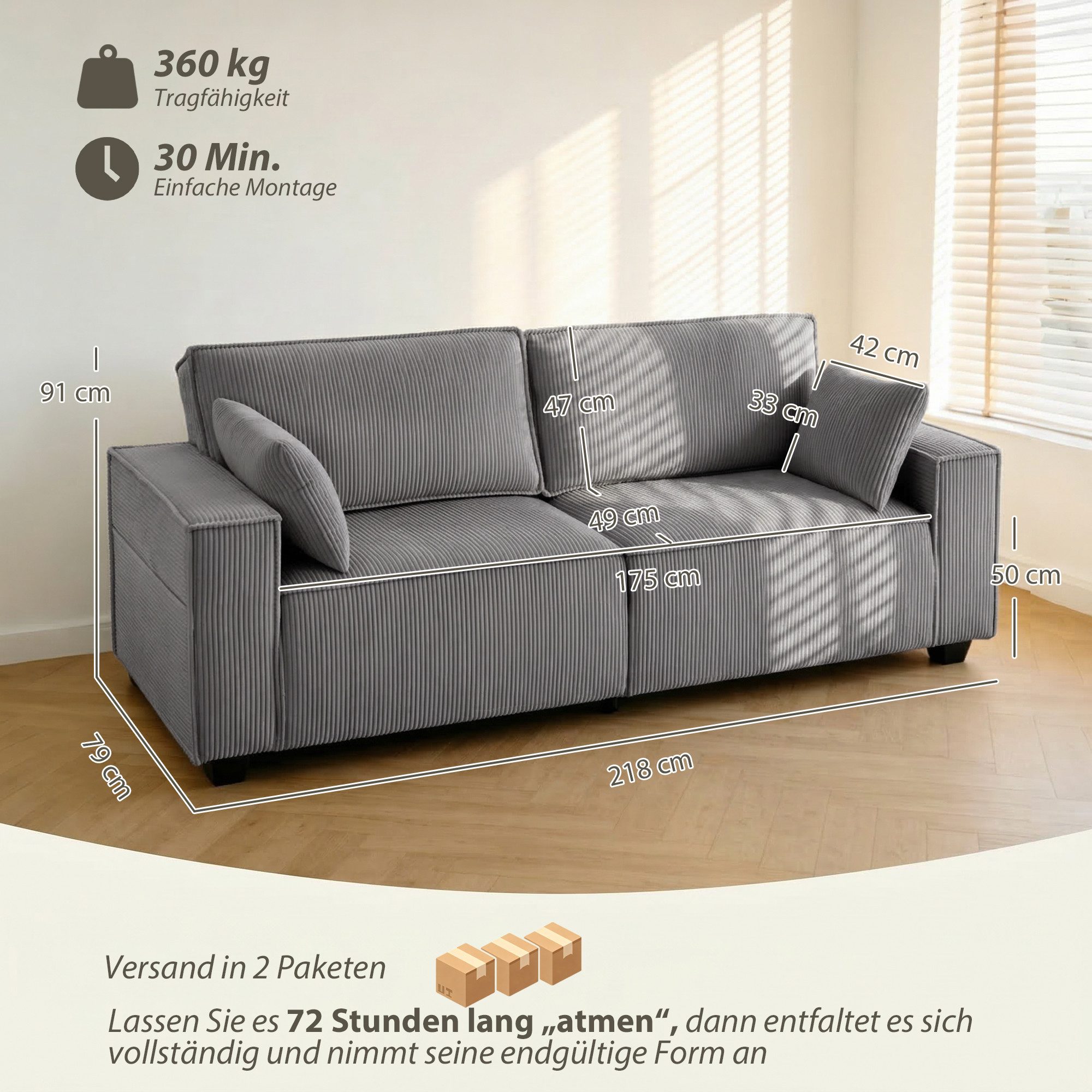 HOMCOM Sofa 2 Kissen Loungesofa, Bequemes Loungesofa 3 Teile, Cordstoff, Taschenfederkern, breite Armlehnen