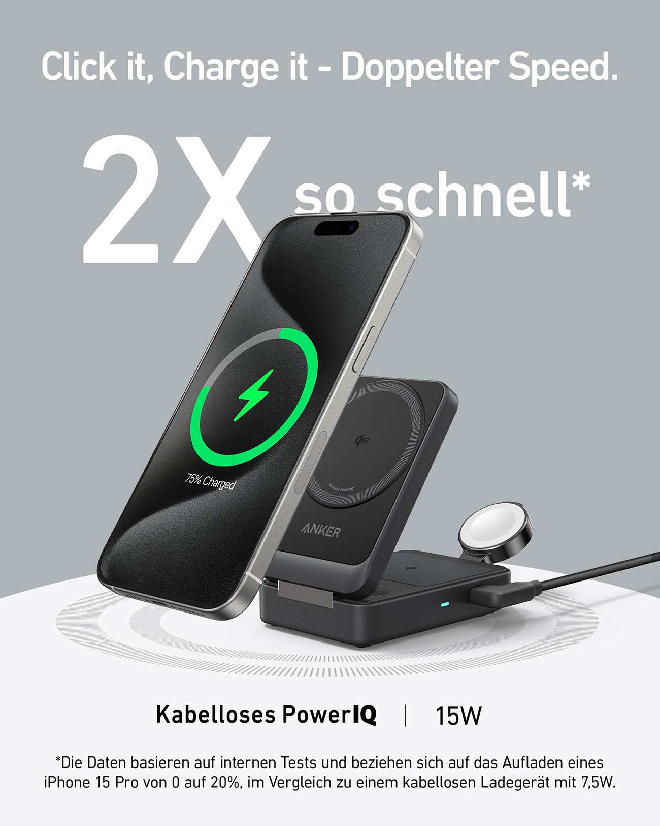 Anker MagGo 3-in-1 Smartphone-Ladegerät (kabelloses Aufladen, Qi2-Technologie, 15W Ladepower, faltbar) – Bild 2 von 5