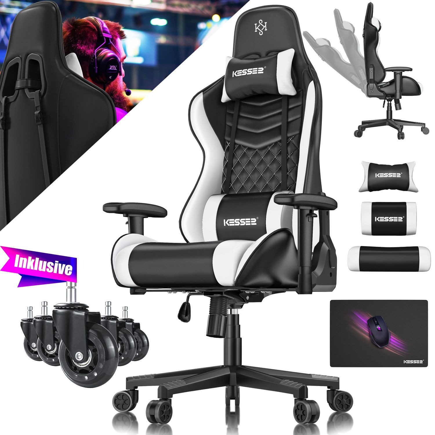 KESSER Gaming Chair, Ergonomisch Gamingstuhl 150kg belastbar Bürostuhl Lenden- & Kopfkissen