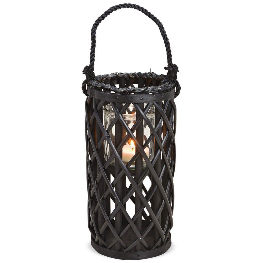 Kerzenhalter Windlicht-Laterne Glas Holz geflochten schwarz in 31 cm