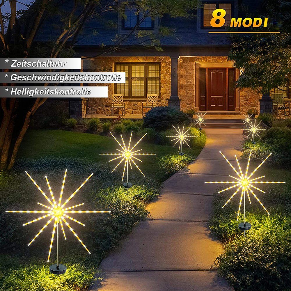 Rosnek LED-Lichterkette Solar, Feuerwerk Outdoor Landschaft Garten Meteor Fernbedienung für IP65 Weg Deko, mit Lights, Warmweiß Wasserdicht, Timer