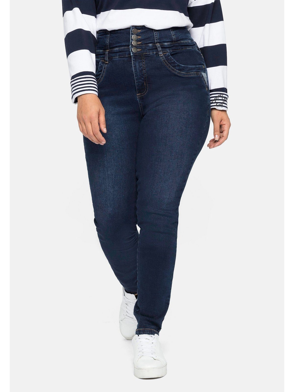 Sheego Stretch-Jeans Große Größen Bauch Hüften, Taille, schmalerer etwas mit Bei High-Waist-Bund, breiteren