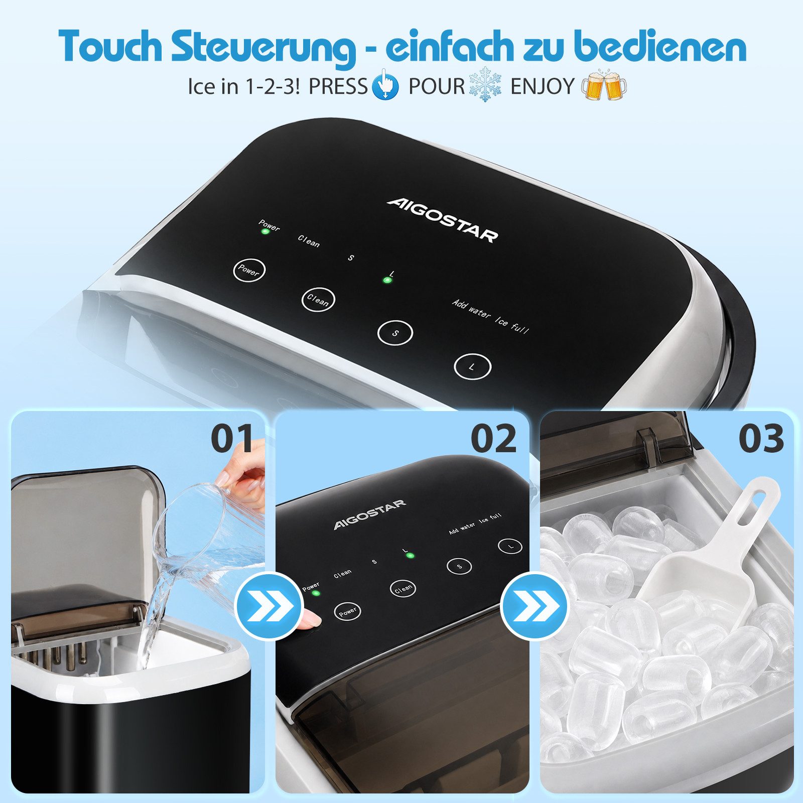Aigostar Eiswürfelmaschine 1,5L, 130W Doppeldeckel-Design Eiswürfel Maschine, Selbstreinigend, 9 Eiswürfel in 6-10 Mins, 14kg/24h, 2 Eiswürfel Größen