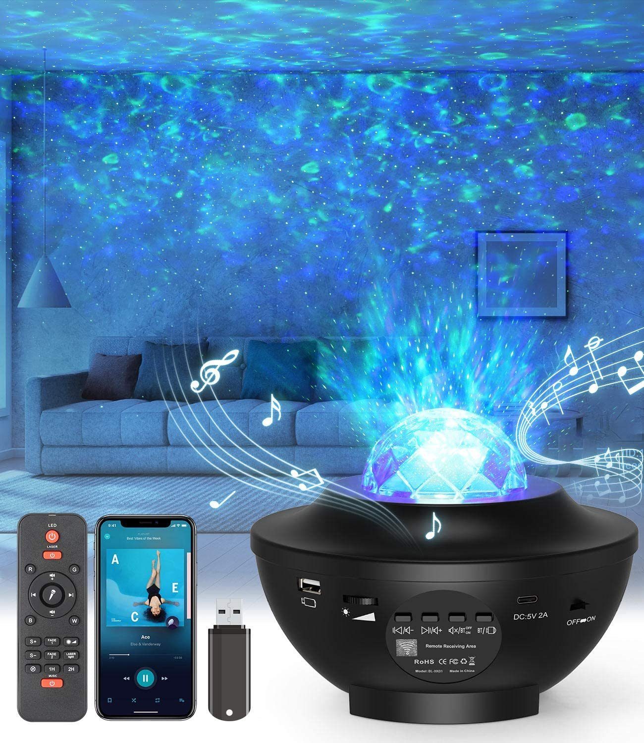 zggzerg LED Nachtlicht Sternenhimmel Projektor,Rotierendes Wasserwellen licht mit Bluetooth