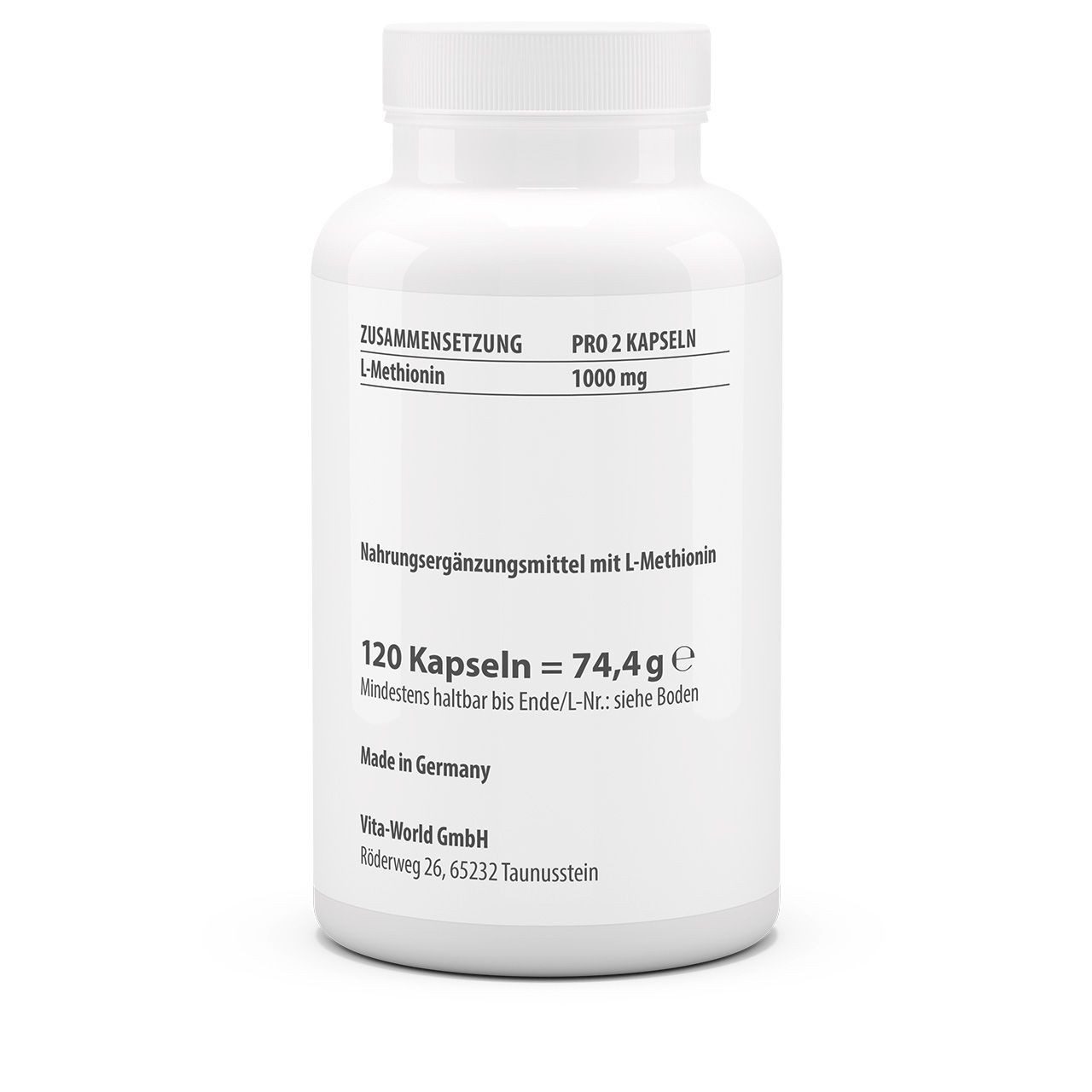 vitaworld Methionin 500 mg - schwefelhaltige Aminosäure - vegan Kapseln, 120 St., 74.4 g