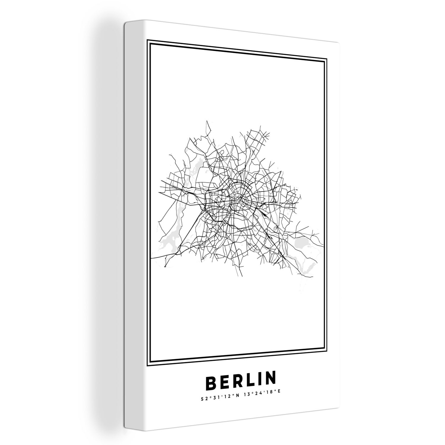 Deutschland Berlin Karte Schwarz-Weiß 20x30 Leinwandbild St), inkl. - - OneMillionCanvasses® Leinwandbild fertig - bespannt - - Gemälde, Zackenaufhänger, Stadtplan Karte, (1 cm