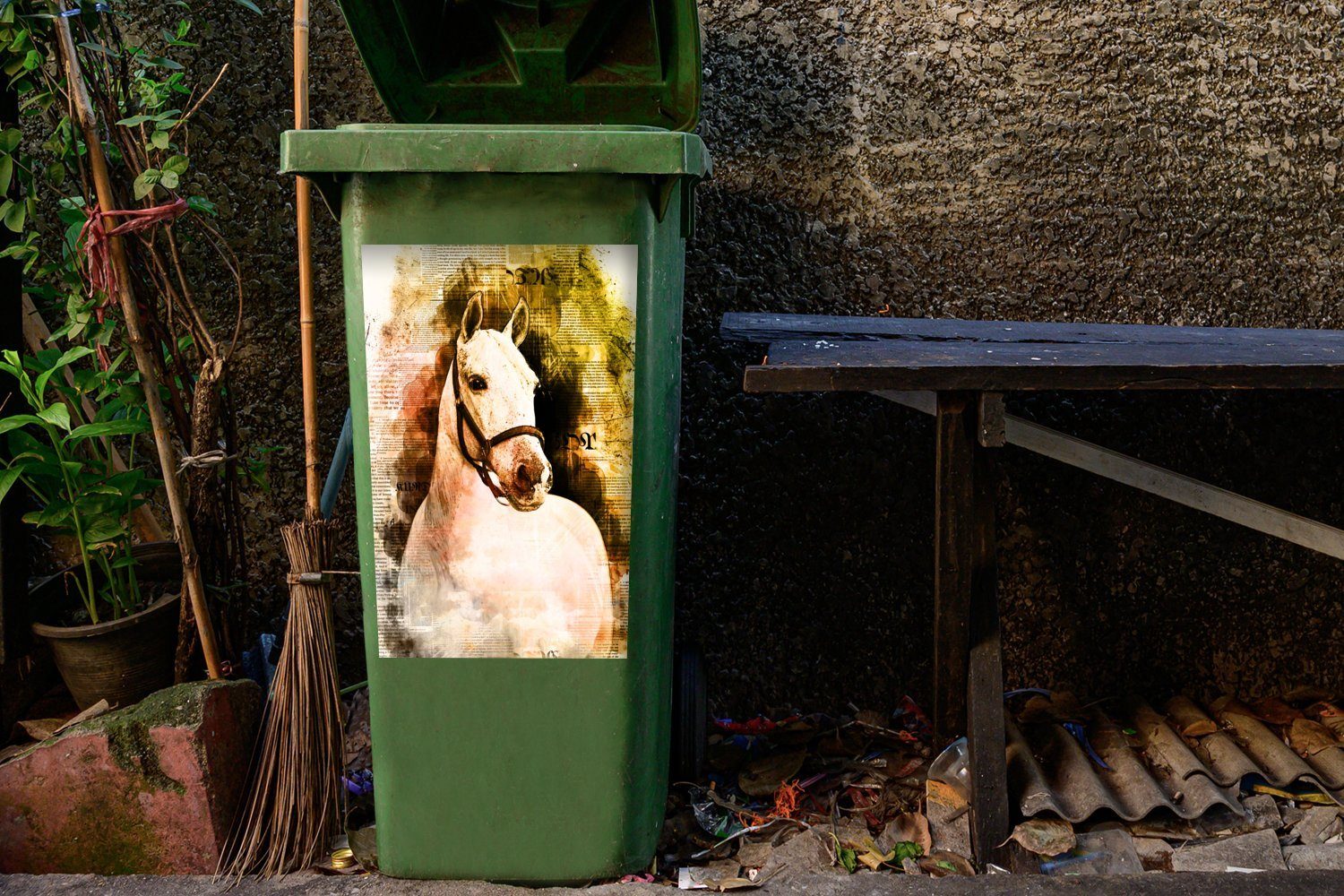 MuchoWow Wandsticker Pferd - Weiß - Abfalbehälter Mülleimer-aufkleber, - Sticker, Container, Zeitung - Mülltonne, Mädchen - (1 St), Mädchen Kinder