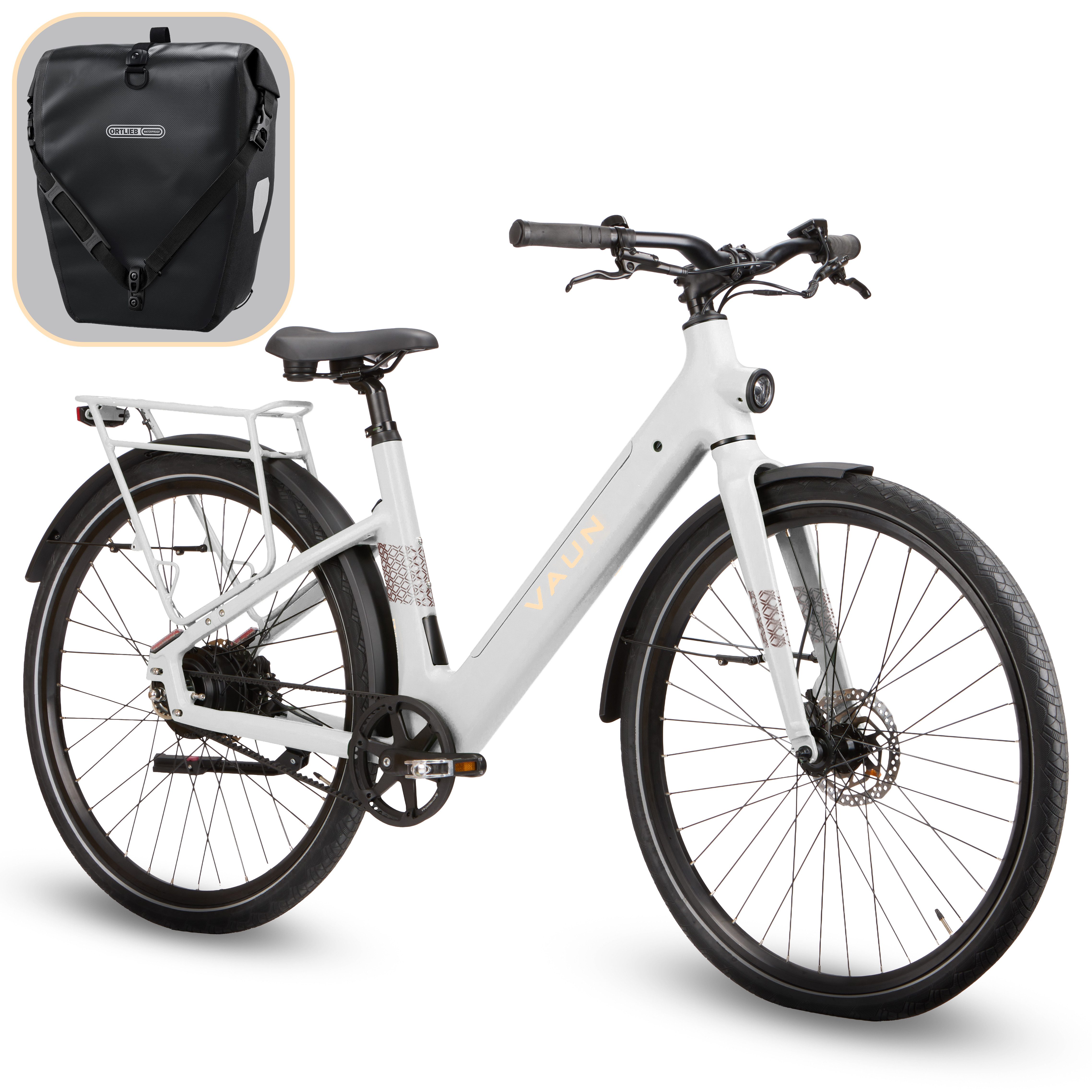 Vaun E-Bike Cityrad VAUN Sight Cityrad mit Ortlieb Tasche, Heckmotor, 417 Wh, Elektrofahrrad für Alltag und Einkauf