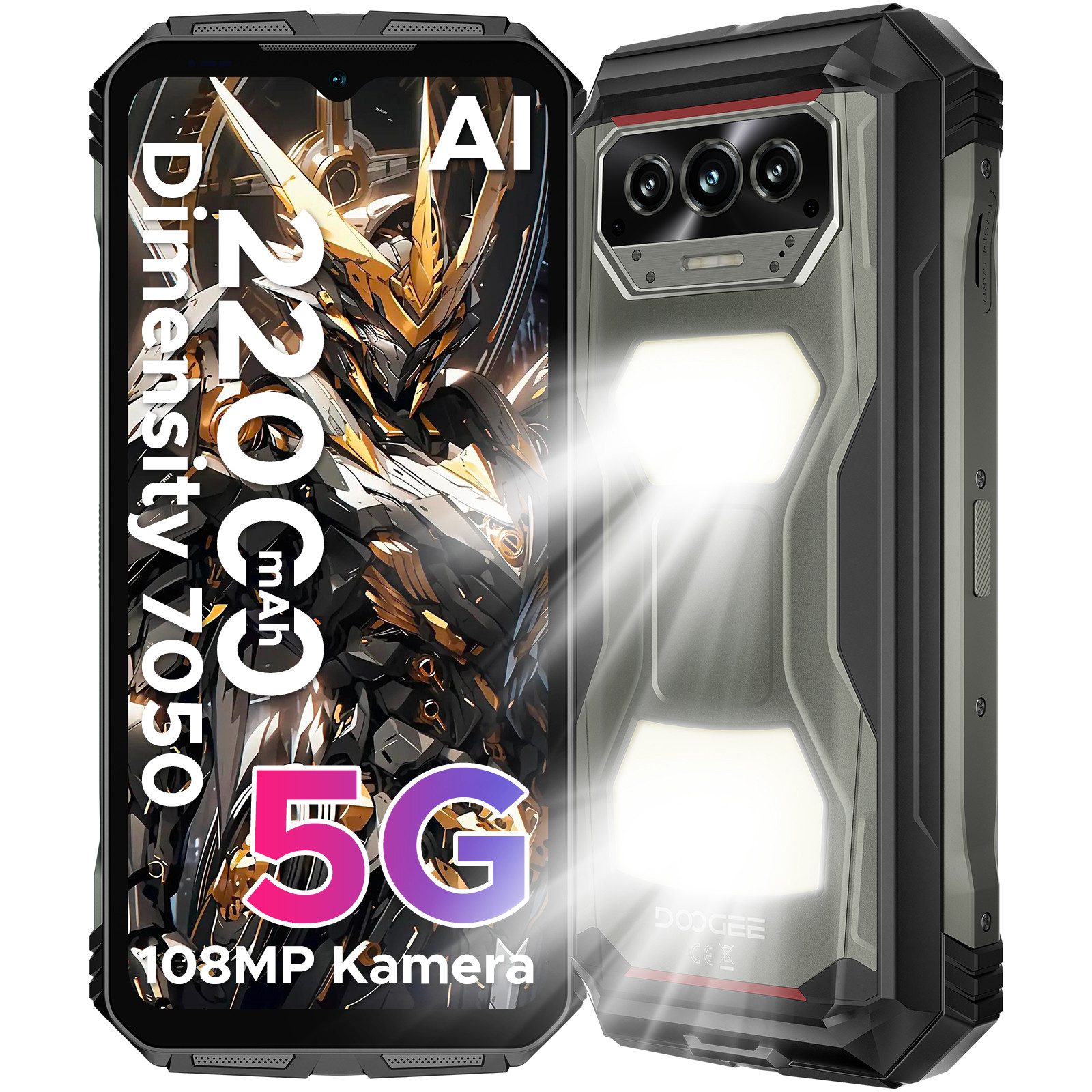 DOOGEE V MAX S 5G Robustes Smartphone mit 1200 LM Campinglicht, 22000 mAh Smartphone (6,58 Zoll, 256 GB Speicherplatz, 108 MP Kamera, 8 GB + 256 GB, 108 MP Kamera, 6,58" FHD+120 Hz, OTG/NFC/GPS)