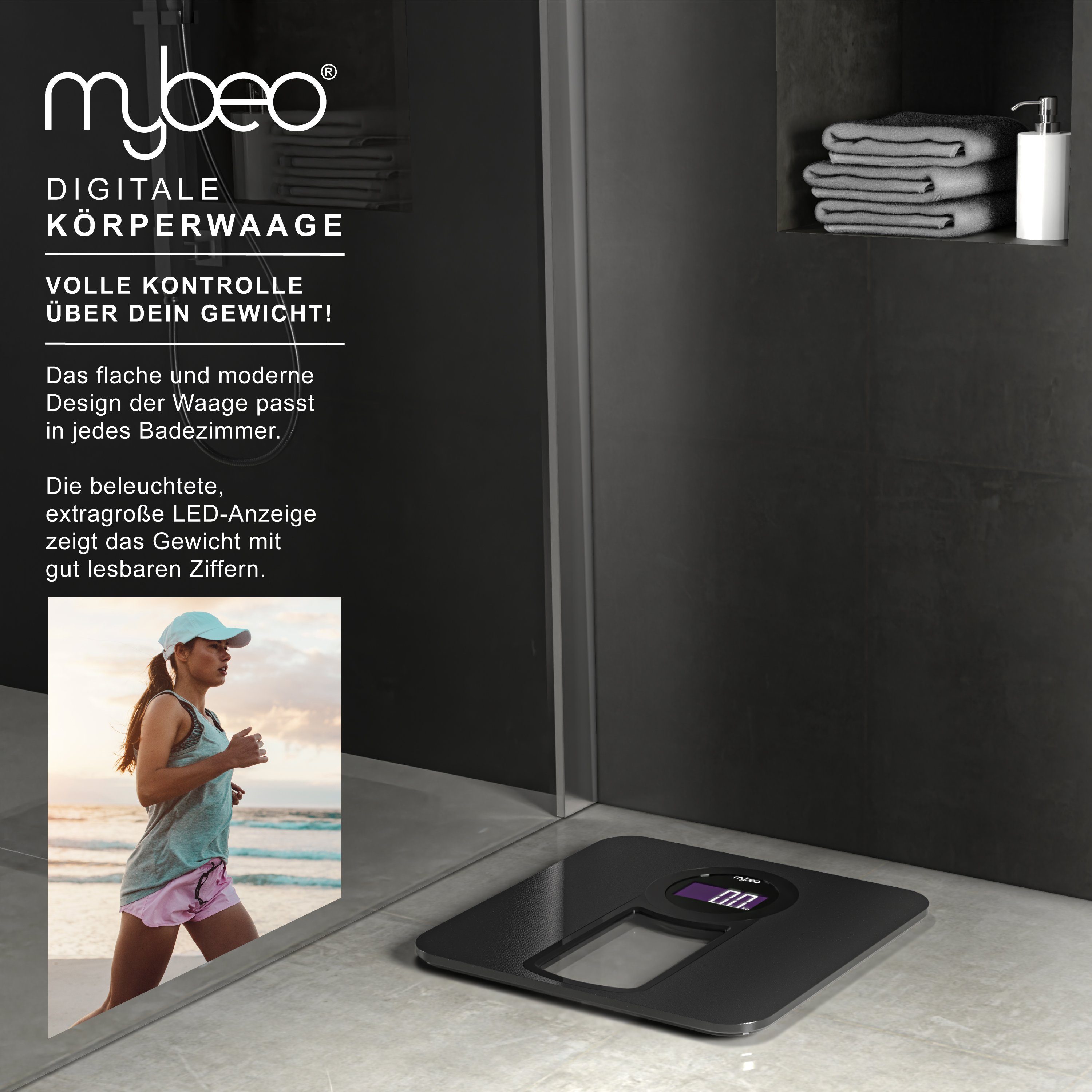 MyBeo Personenwaage Digitale Körperwaage, Badezimmer Waage, 6 mm Sicherheitsglas, 1-tlg., gut ablesbares LCD-Display, sicherer Stand, schlankes Design – Bild 5 von 5