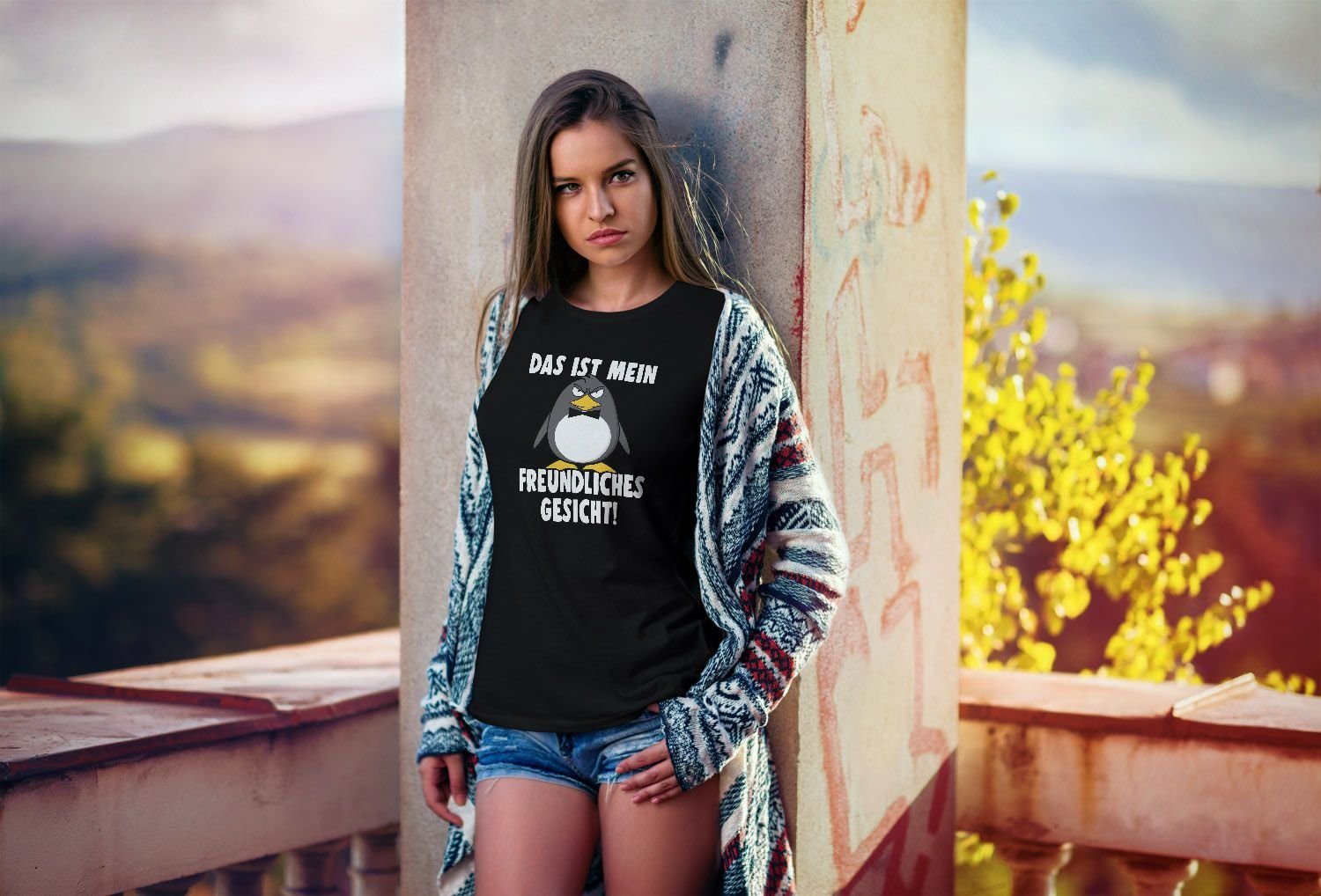 MoonWorks Print-Shirt Damen T-Shirt Das ist mein freundliches Gesicht Vogel Pinguin Spruch Slim Fit Moonworks® mit Print