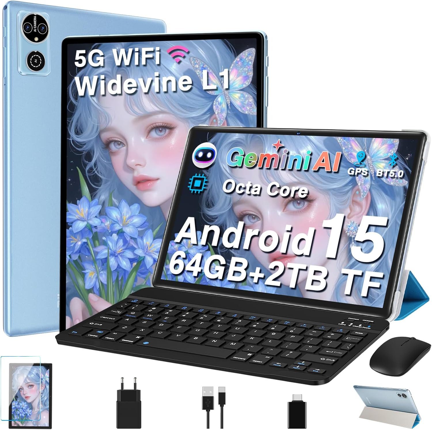 DEERTiME Android 15 Tablet 30GB RAM 64GB Speicher/erweiterbar auf bis 2TB Tablet (10,1", 64 GB, Android 15, 6000mAh, Gemini AI, 5G WiFi, Widevine L1, mit Tastatur/Maus)