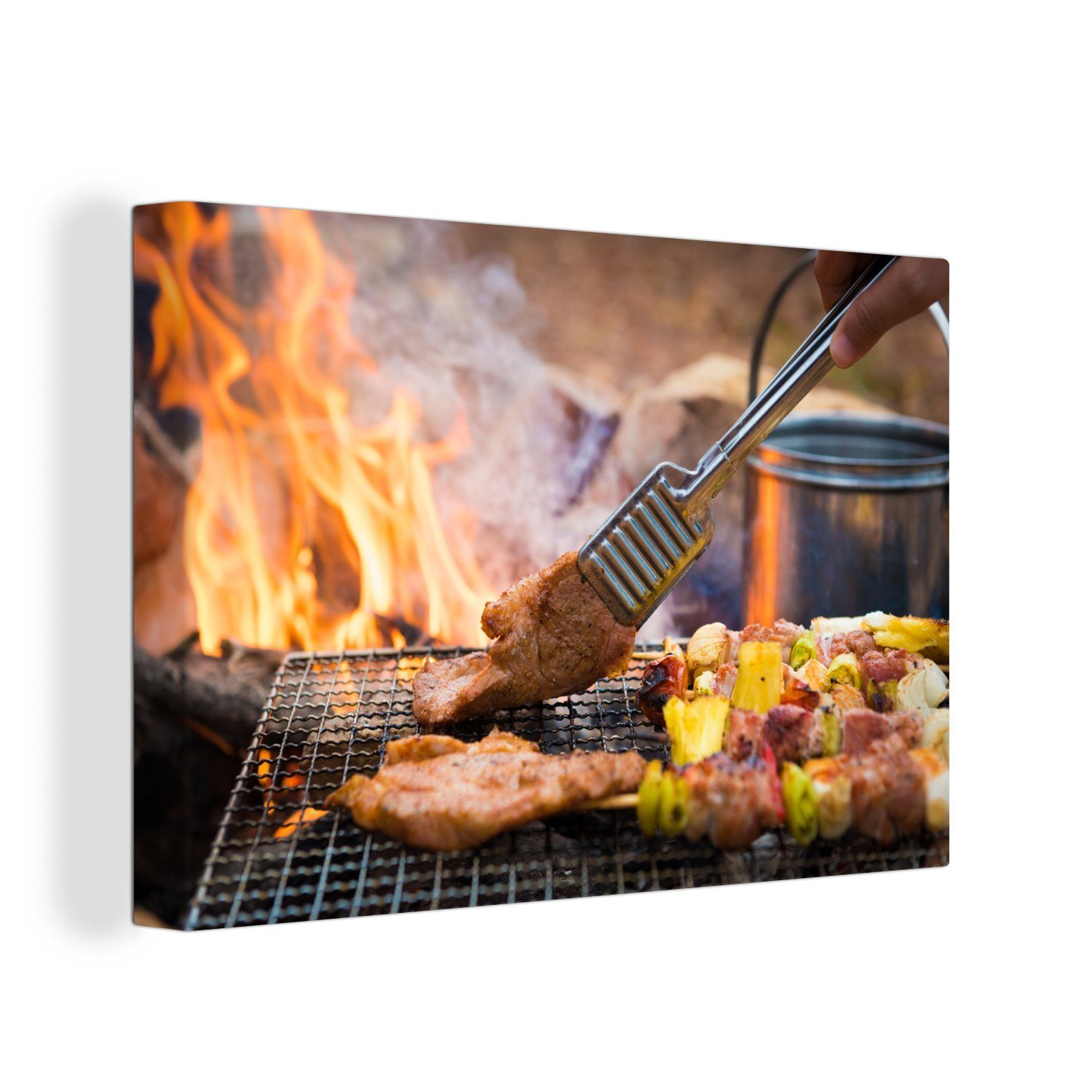 OneMillionCanvasses® Leinwandbild Barbecue auf dem Campingplatz, (1 St), Wandbild Leinwandbilder, Aufhängefertig, Wanddeko, 30x20 cm