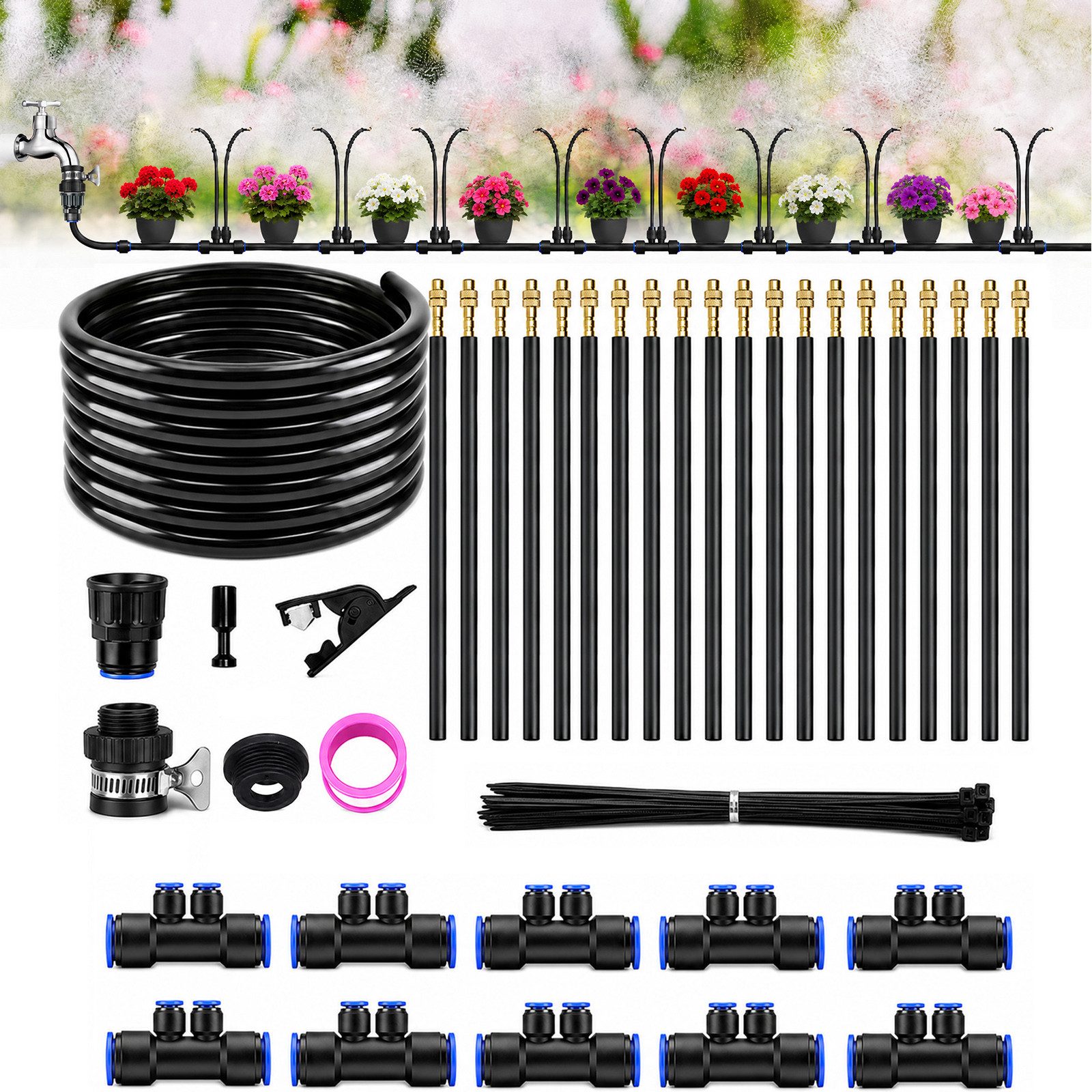 Rosnek Bewässerungssystem Garten DIY Tropfbewässerung mit Doppelanschluss, 9,5 mm Schlauch, (1-tlg), 10M, 360° Kupfer-Sprühdüsen, für Hochbeet, Rasen & Gewächshaus