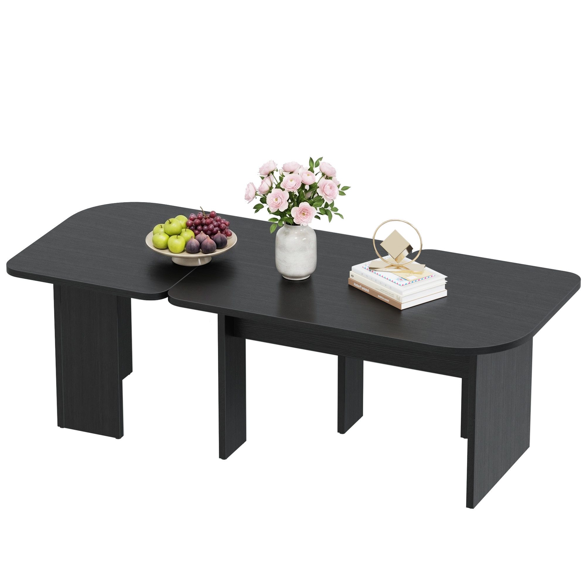 OYRREU Couchtisch Modulares Beistelltisch-Set 2-tlg. Schwarz Holzoptik, 90x52x45,5 cm (Sofatisch Set aus 2, Moderne Kaffeetische für Wohnzimmer & Schlafzimmer), unregelmäßiger verdickter Beistelltisch mit Runden Ecken, Schwarz