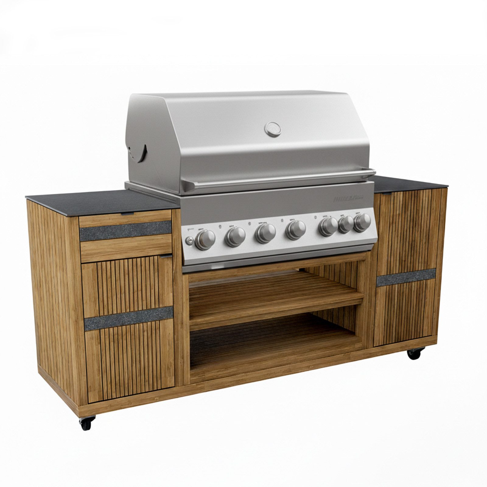 Endorphin Outdoor-Küche Outdoorküche Teak inkl. Merlin 641 Built- in Gasgrill silber