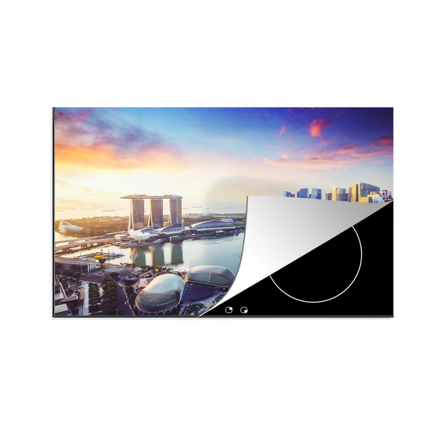 MuchoWow Herdblende-/Abdeckplatte Skyline von Singapur mit hohen Türmen bei Sonnenuntergang, Vinyl, (1 tlg), 81x52 cm, Induktionskochfeld Schutz für die küche, Ceranfeldabdeckung