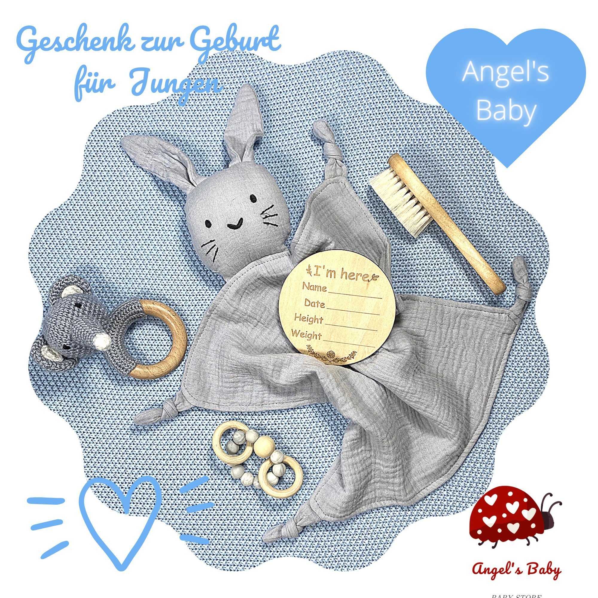 Angel's Baby Neugeborenen-Geschenkset Geschenk Grußkarte, 5 in gratis und mit Babyrassel Teile Baumwolle, zur Design mit Geburt + Blau niedlichem Geschenkverpackung 5-tlg., (Set, Geburtskarte) Schnuffeltuch