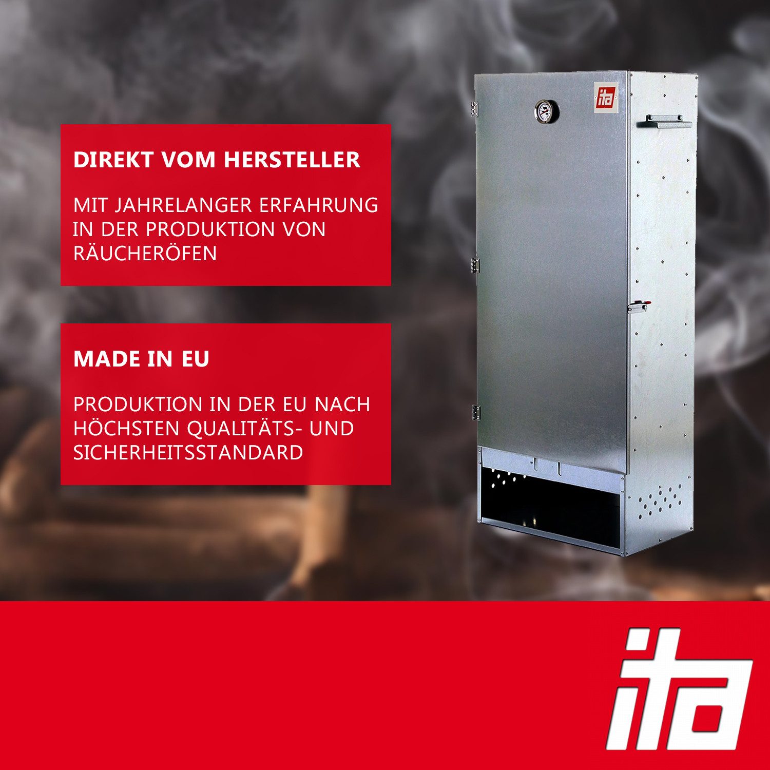 ITA Räucherofen Räucherofen 7003 - Premium XL Räucherschrank mit 3 Etagen 111 cm, 1-St., Legierter Stahl - Smoker - Qualität Made In EU Direkt vom Hersteller