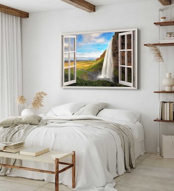 Sinus Art Leinwandbild Wandbild 120x80cm Fensterbild Wasserfall Island Natur Landschaft Grün, (1 St)