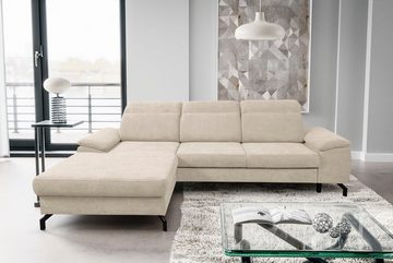 WERK2 Ecksofa Panama, Modernes Sofa mit Schlaffunktion, Bettkasten, Kopfteile verstellbar