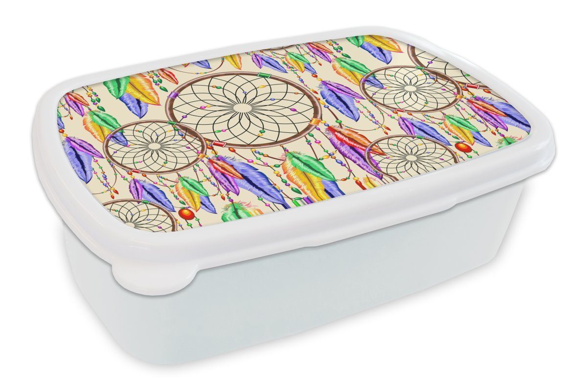 MuchoWow Lunchbox Traumfänger - Federn - Muster, Kunststoff, (2-tlg), Brotbox für Kinder und Erwachsene, Brotdose, für Jungs und Mädchen weiß