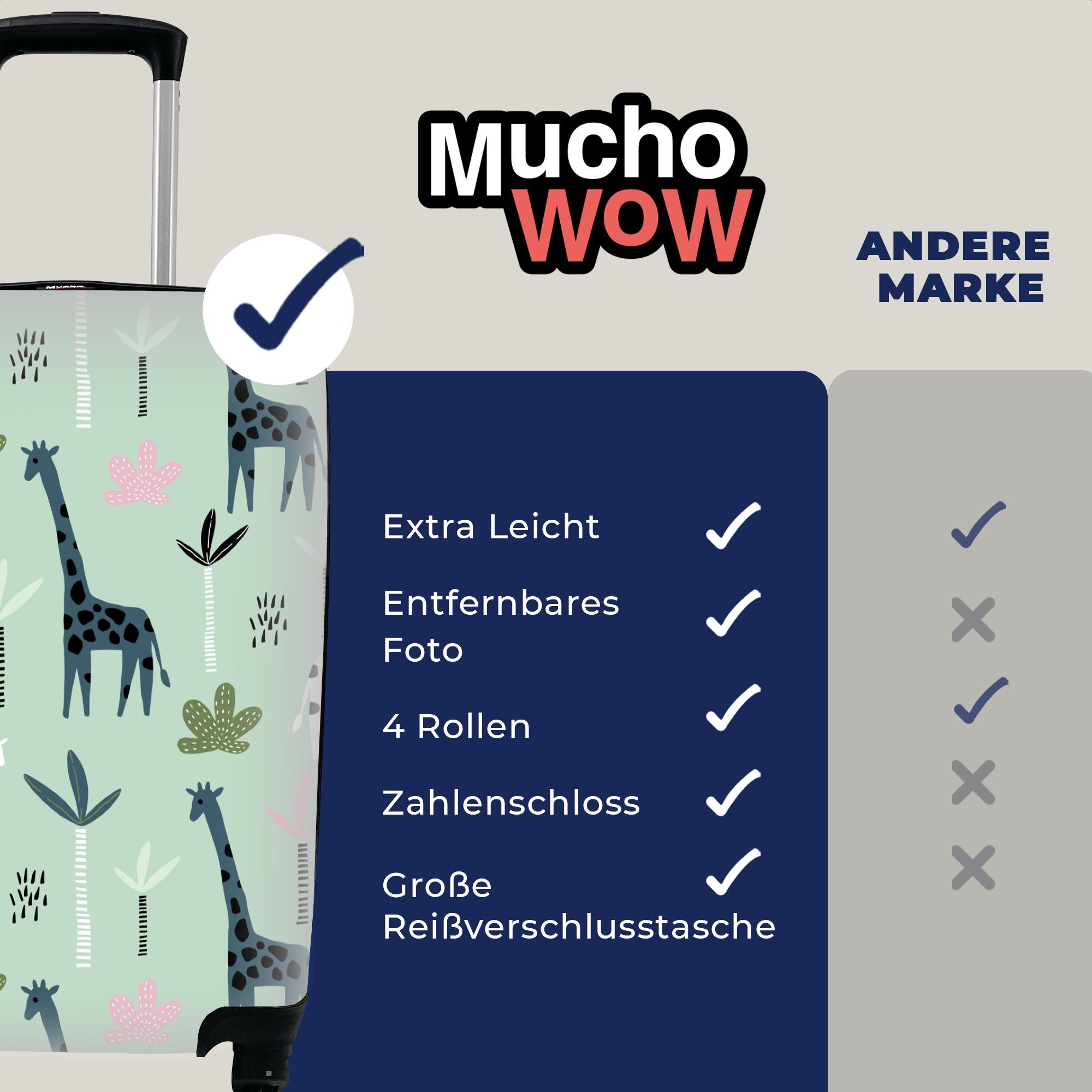 Reisekoffer Reisetasche Grün, für 4 - Ferien, mit Giraffe Baum Rollen, Handgepäck - rollen, Handgepäckkoffer MuchoWow Trolley,