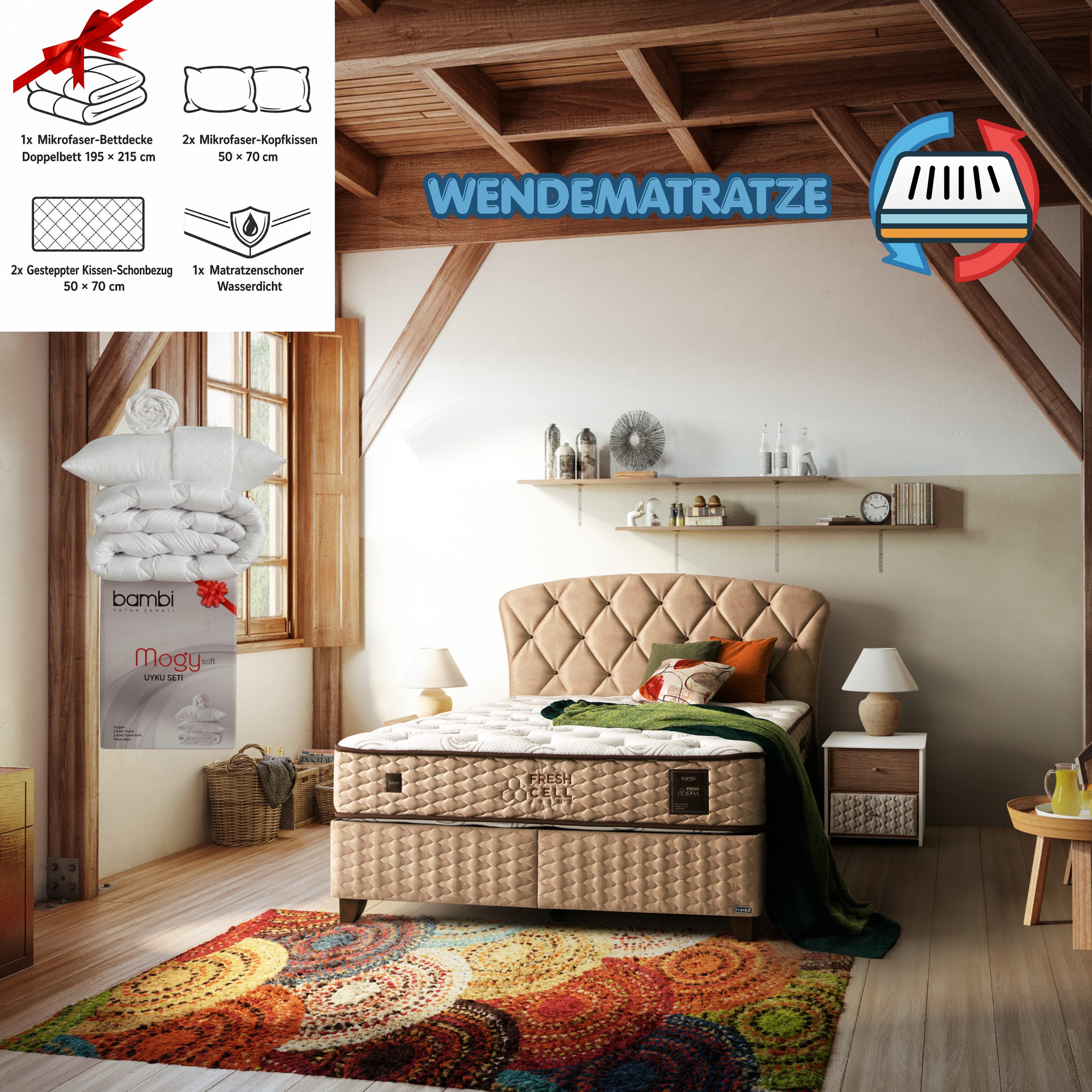 Bambi Boxspringbett Stauraumbett mit Matratze Boxspringbett 180x200 - 90x200 Freshcell (Set, 2 Bettkästen + Matratze + Kopfteil), Wendematratze