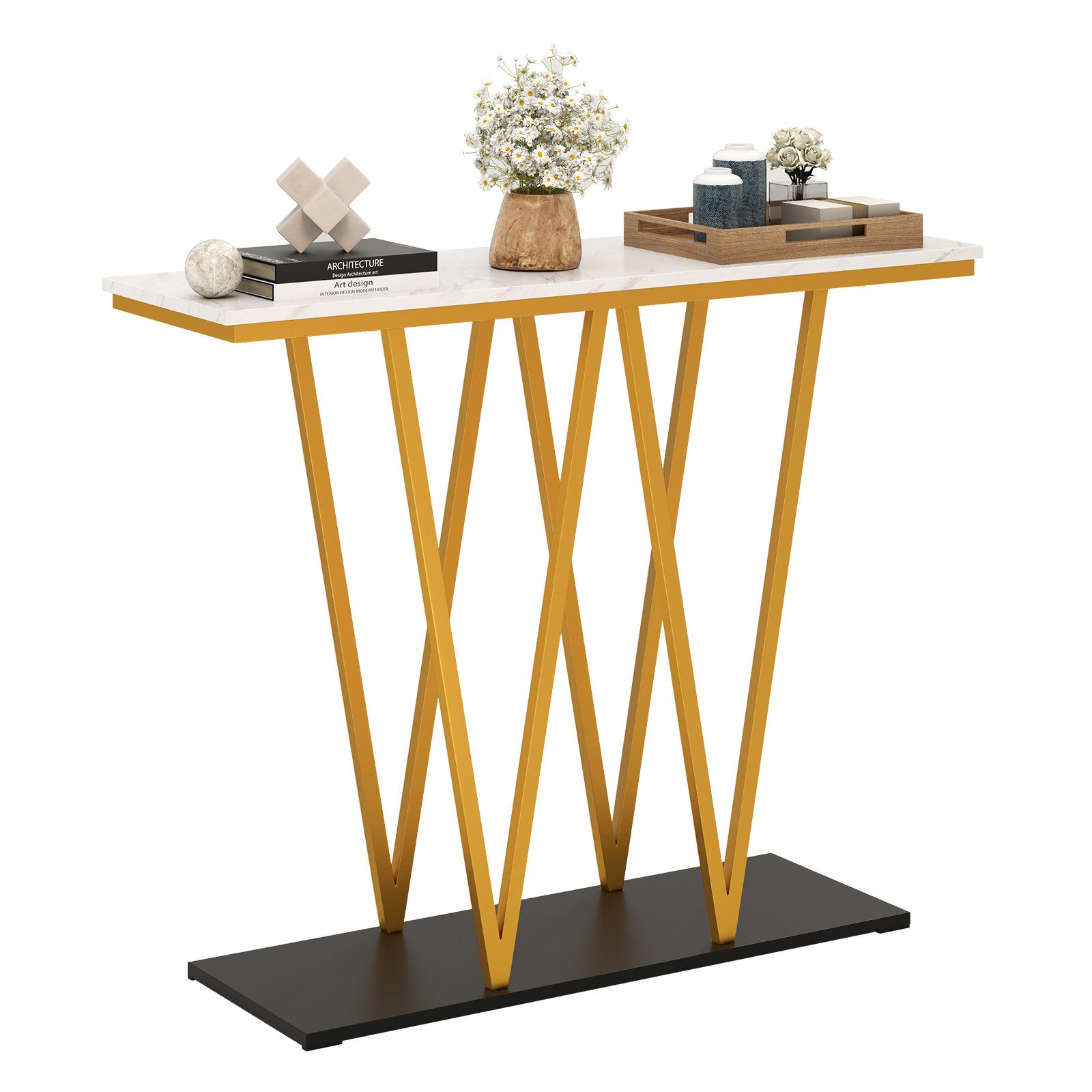 COSTWAY Konsolentisch, schmal 100cm, Flurtisch Marmor Optik, Metallgestell Gold