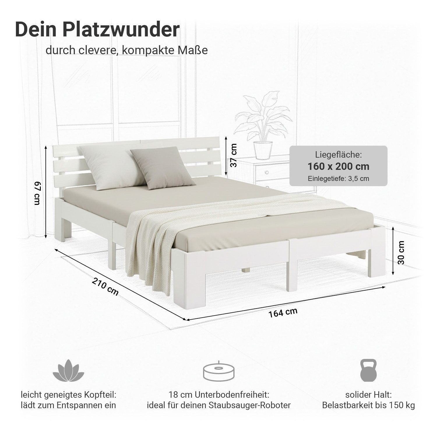 Homestyle4u Massivholzbett 90x200 120x200 140x200 160x200 180x200 Doppelbett Kopfteil Lattenrost (Set, mit Lattenrost, Weiß), 160x200, modern, stabil