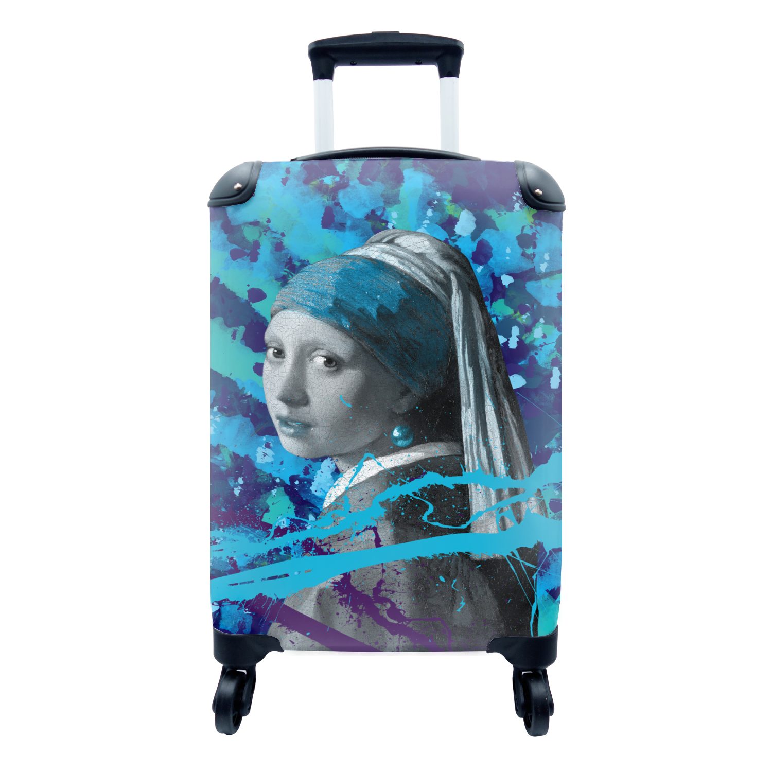 MuchoWow Handgepäckkoffer Mädchen mit einem Perlenohrring - Johannes Vermeer - Blau, 4 Rollen, Reisetasche mit rollen, Handgepäck für Ferien, Trolley, Reisekoffer
