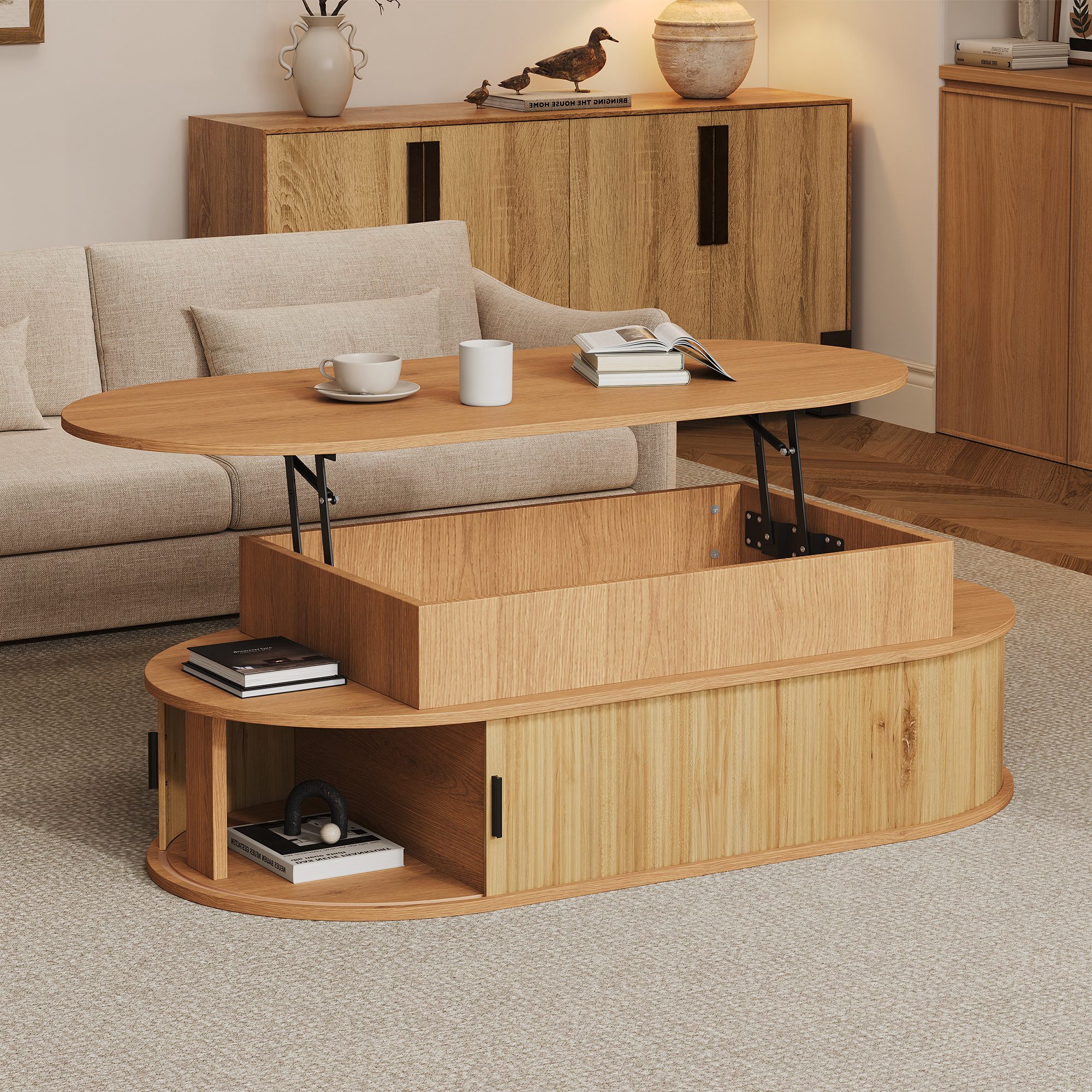 Odikalo Couchtisch Wohnzimmertisch Beistelltisch Oval mit höhenverstellbar,Schiebetüren (100×50×40cm Sofatisch höhenverstellbar bis 55 cm Teetisch mit Rollläden großer Stauraum hydraulischem Hebemechanismus offene Ablageflächen)